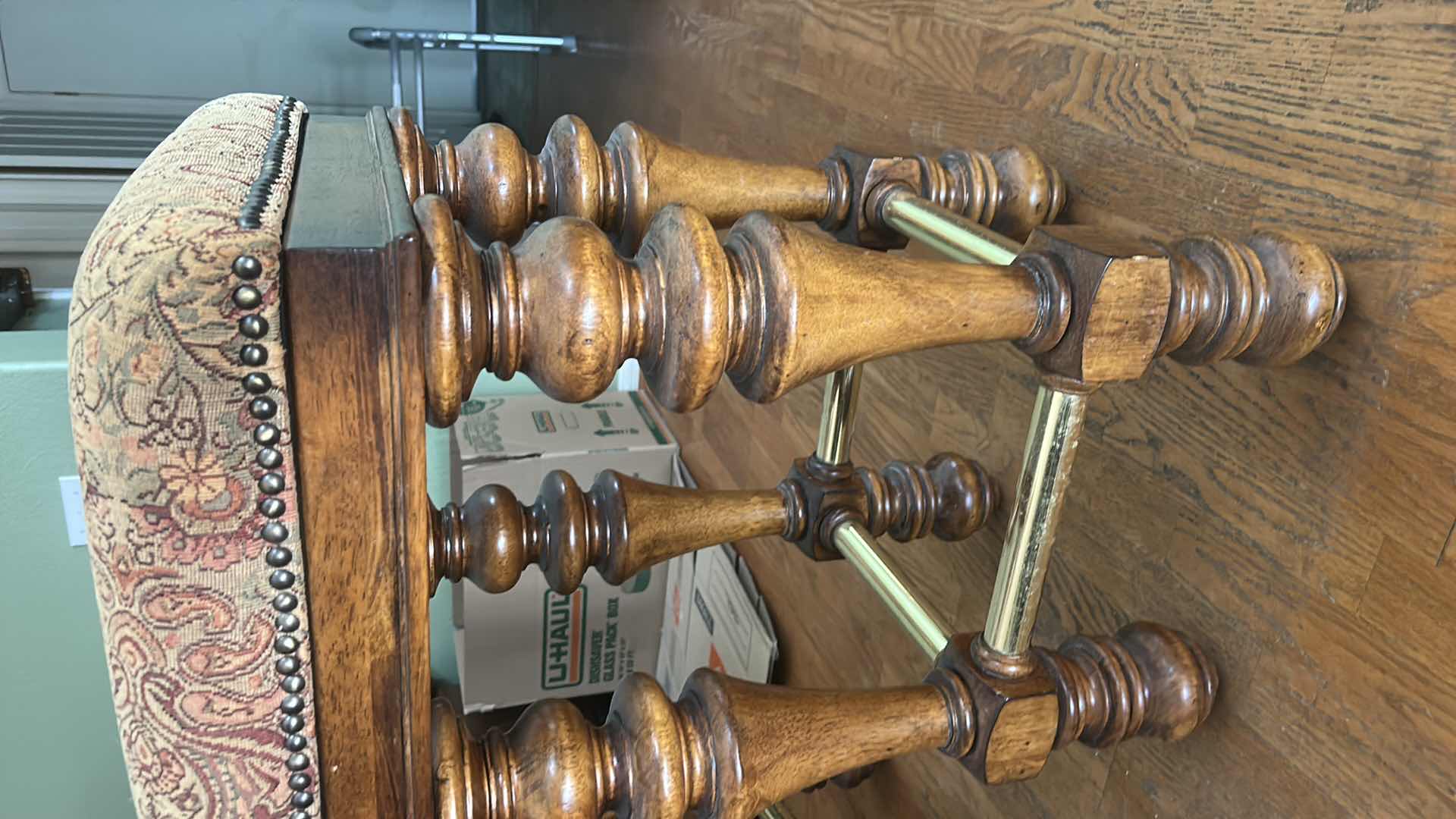 Photo 1 of PULASKI WOOD BAR STOOL WITH BRASS AND UPHOLSTERED TOP H29.5