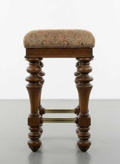 Photo 1 of PULASKI WOOD BAR STOOL WITH BRASS AND UPHOLSTERED TOP H29.5