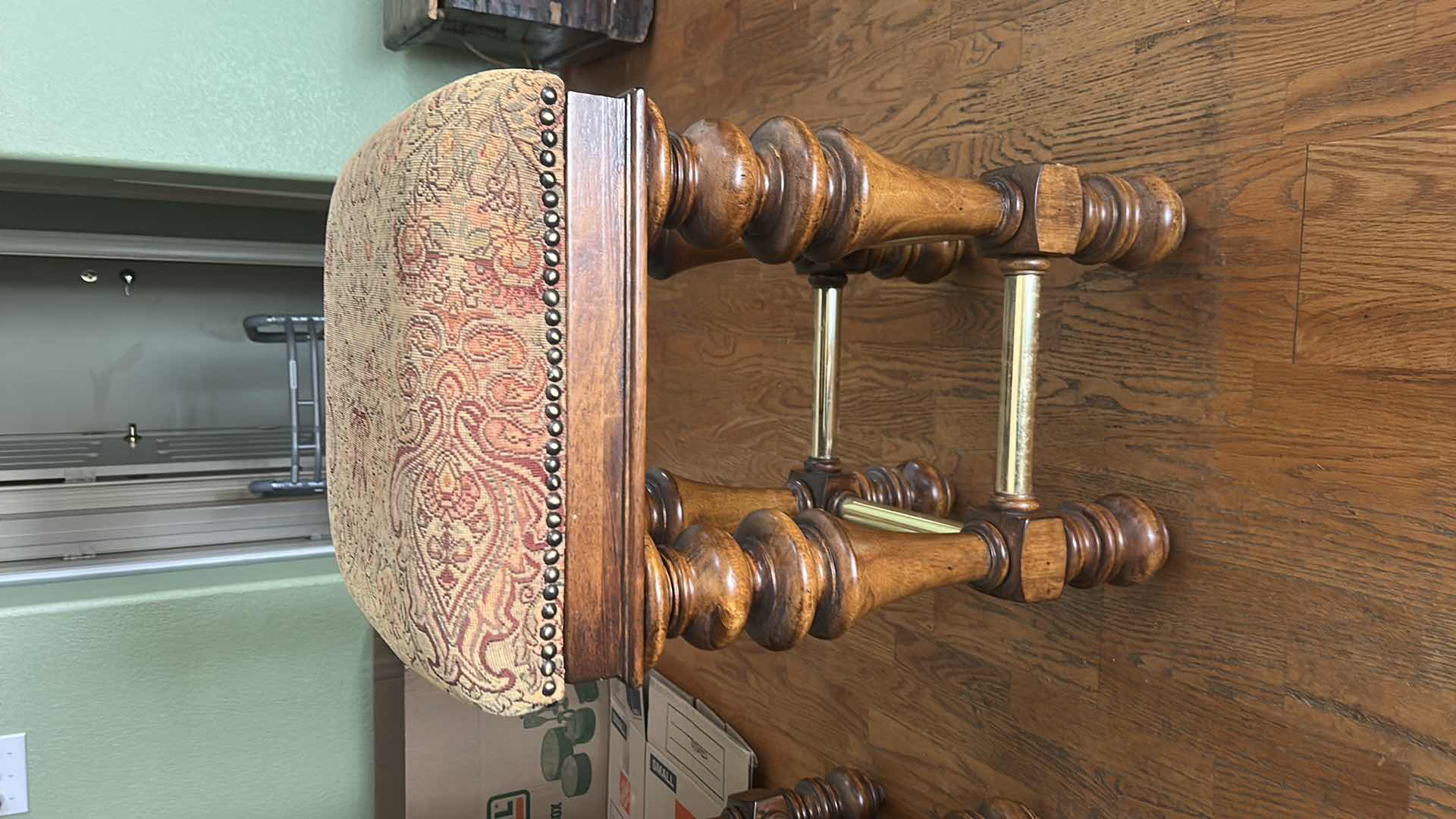 Photo 1 of PULASKI WOOD BAR STOOL WITH BRASS AND UPHOLSTERED TOP H29.5