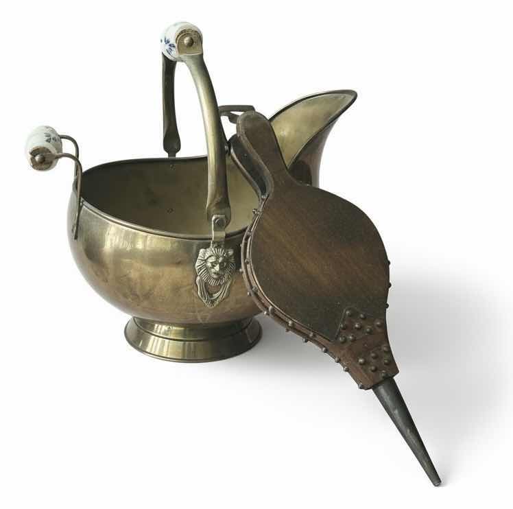 Photo 1 of BRASS COAL SCUTTLE WITH DELFT STYLE PORCELAIN HANDLES H12” & ANTIQUE FIREPLACE BELLOWS