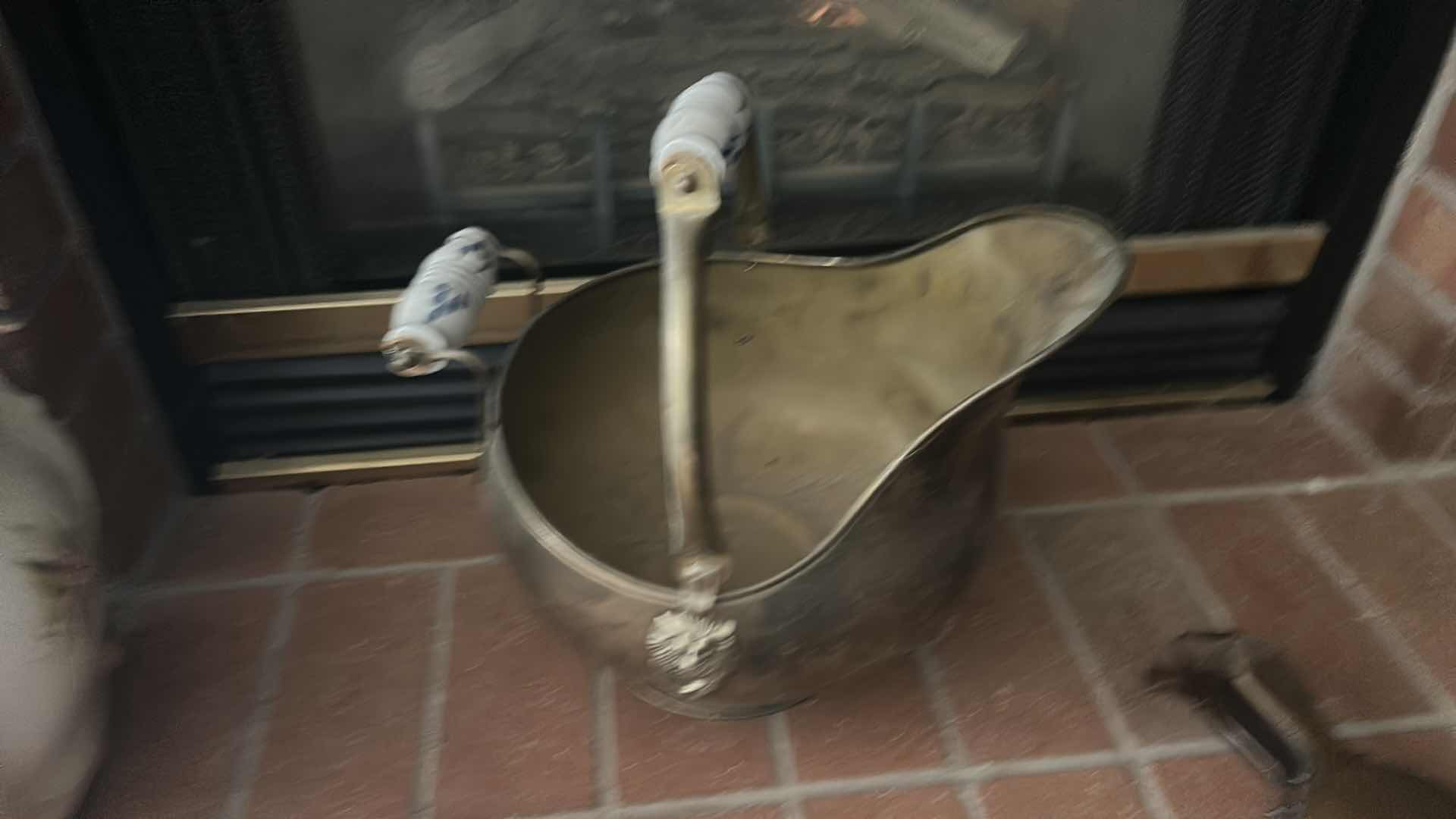 Photo 1 of BRASS COAL SCUTTLE WITH DELFT STYLE PORCELAIN HANDLES H12” & ANTIQUE FIREPLACE BELLOWS
