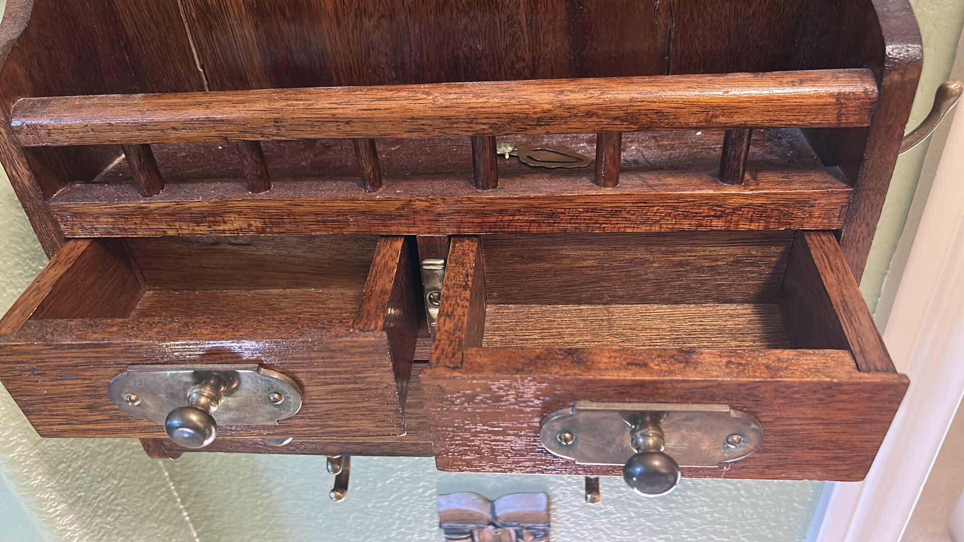 Photo 1 of ANTIQUE WALL-MOUNTED MAIL HOLDER WITH DRAWERS AND HOOKS. 17” x H17”