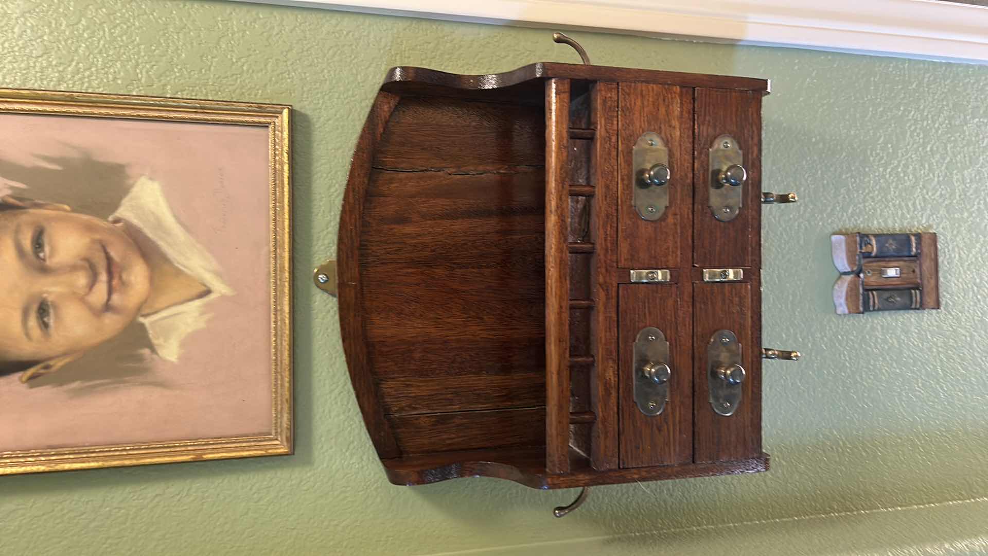 Photo 1 of ANTIQUE WALL-MOUNTED MAIL HOLDER WITH DRAWERS AND HOOKS. 17” x H17”