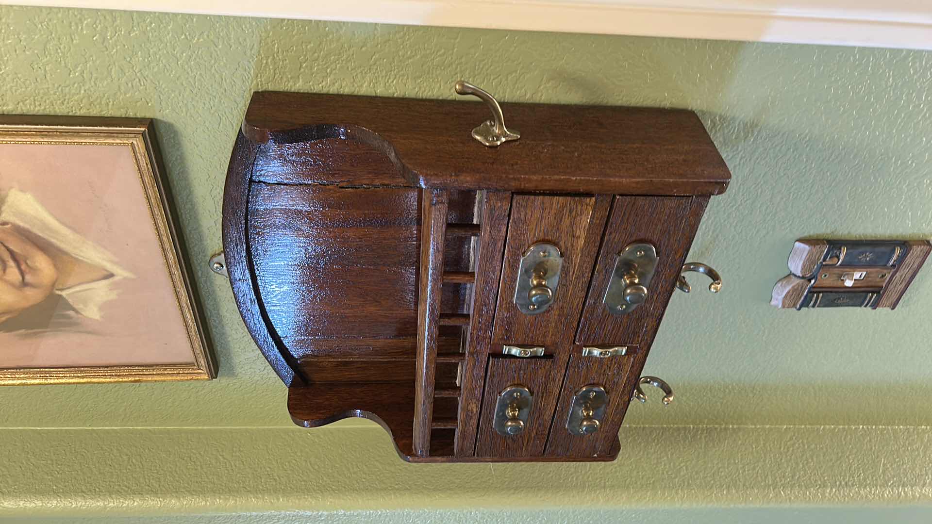 Photo 1 of ANTIQUE WALL-MOUNTED MAIL HOLDER WITH DRAWERS AND HOOKS. 17” x H17”