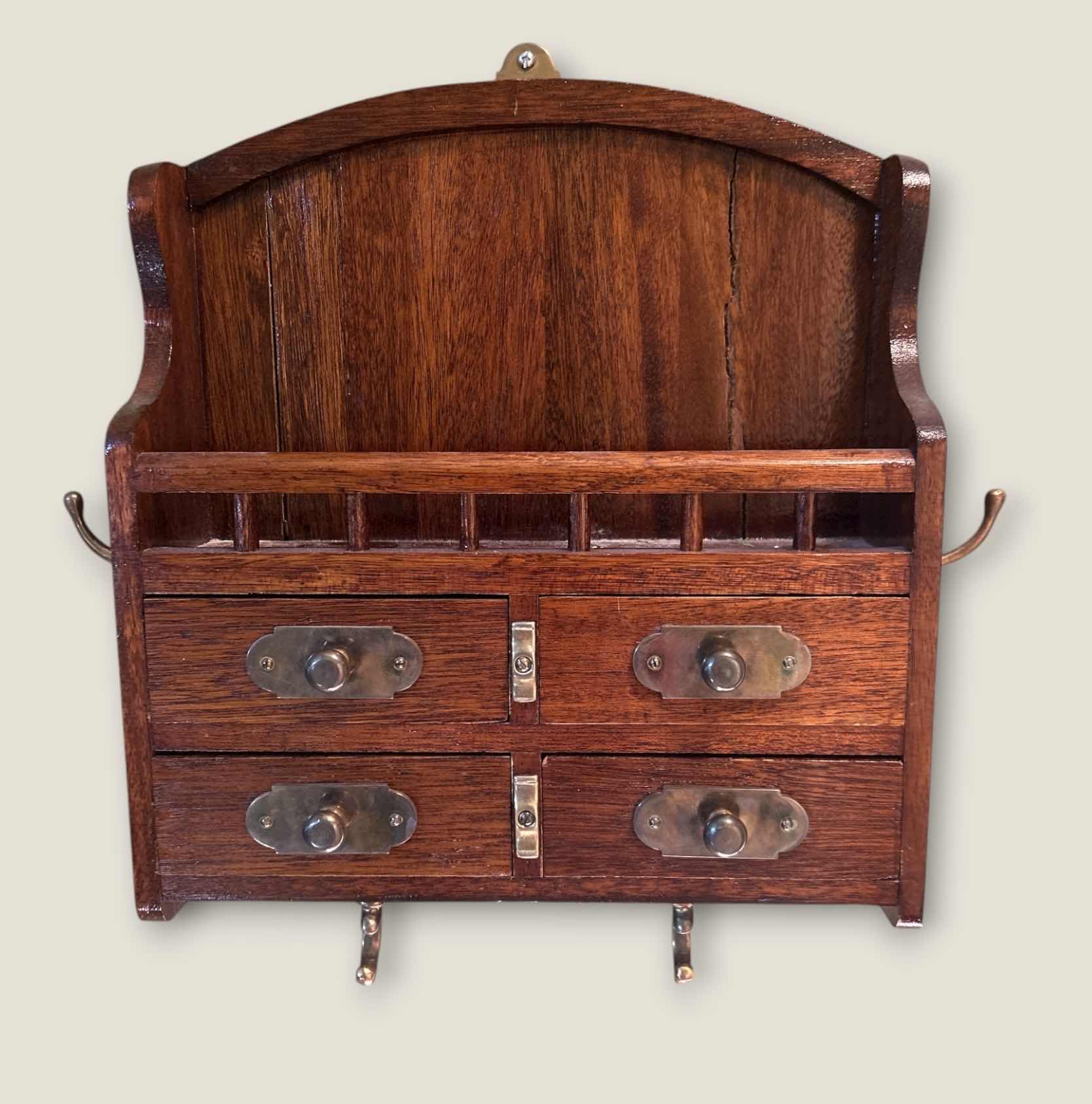 Photo 1 of ANTIQUE WALL-MOUNTED MAIL HOLDER WITH DRAWERS AND HOOKS. 17” x H17”