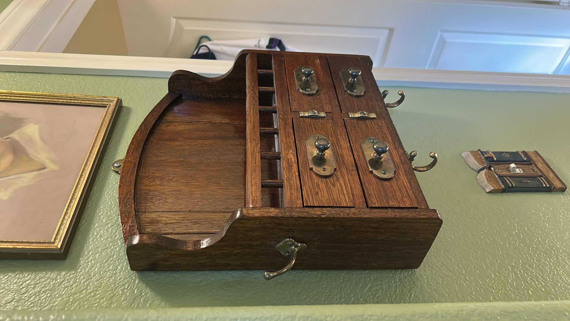 Photo 1 of ANTIQUE WALL-MOUNTED MAIL HOLDER WITH DRAWERS AND HOOKS. 17” x H17”