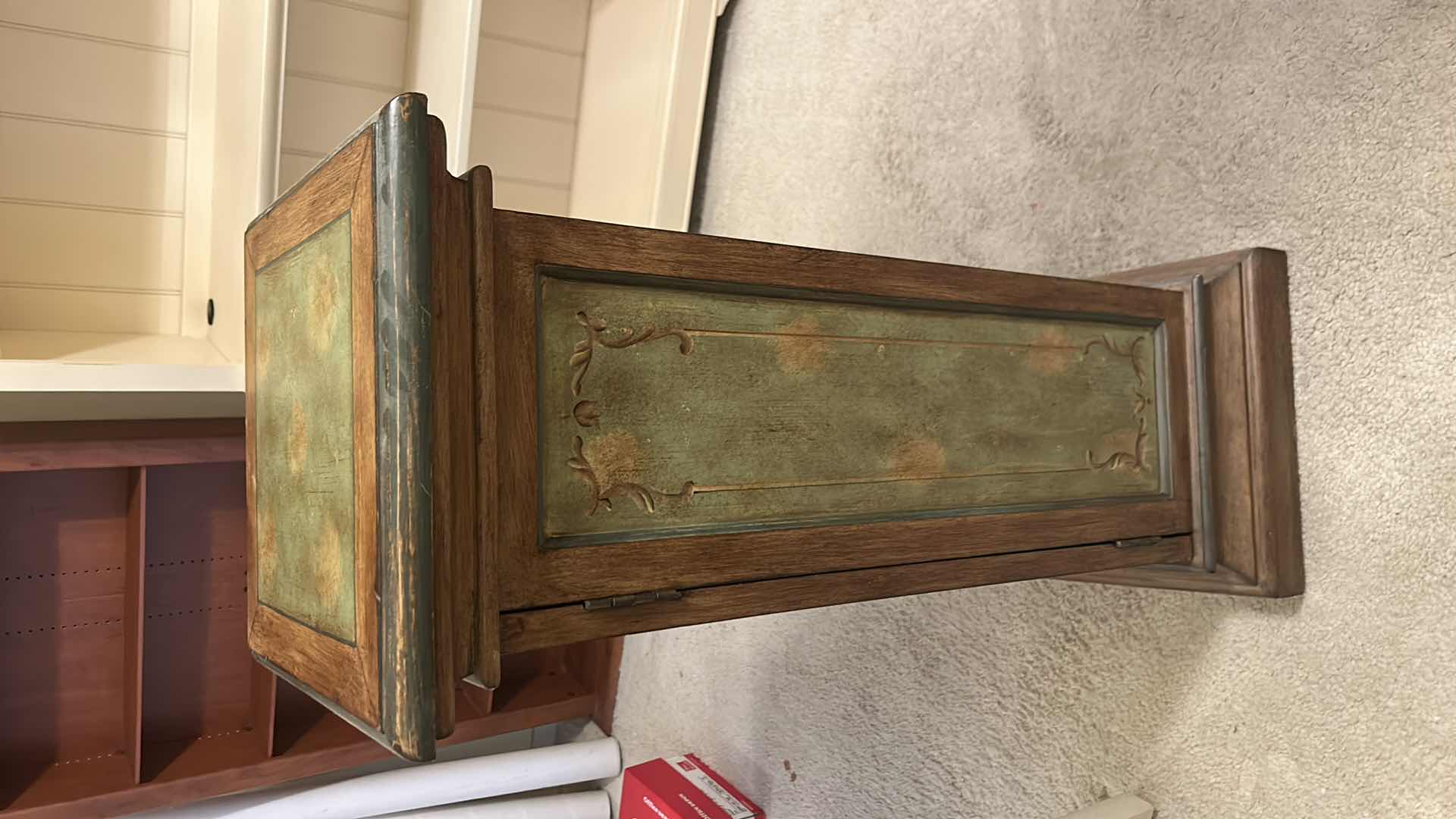 Photo 1 of HAND PAINTED WOOD PEDESTAL CABINET 14“ x 14“ x H37 1/4“ $99