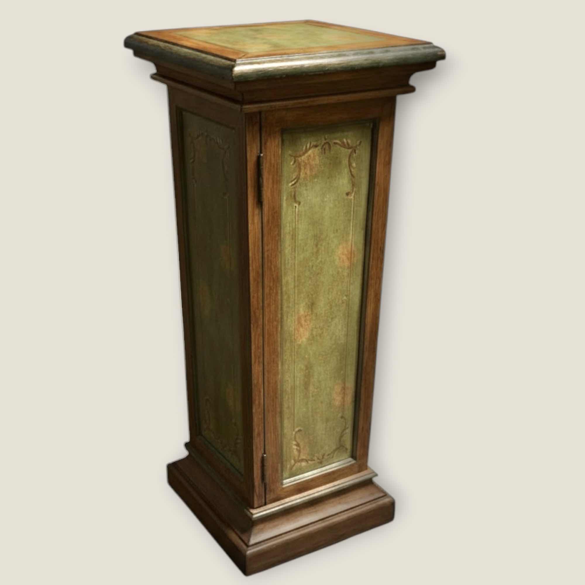 Photo 1 of HAND PAINTED WOOD PEDESTAL CABINET 14“ x 14“ x H37 1/4“ $99