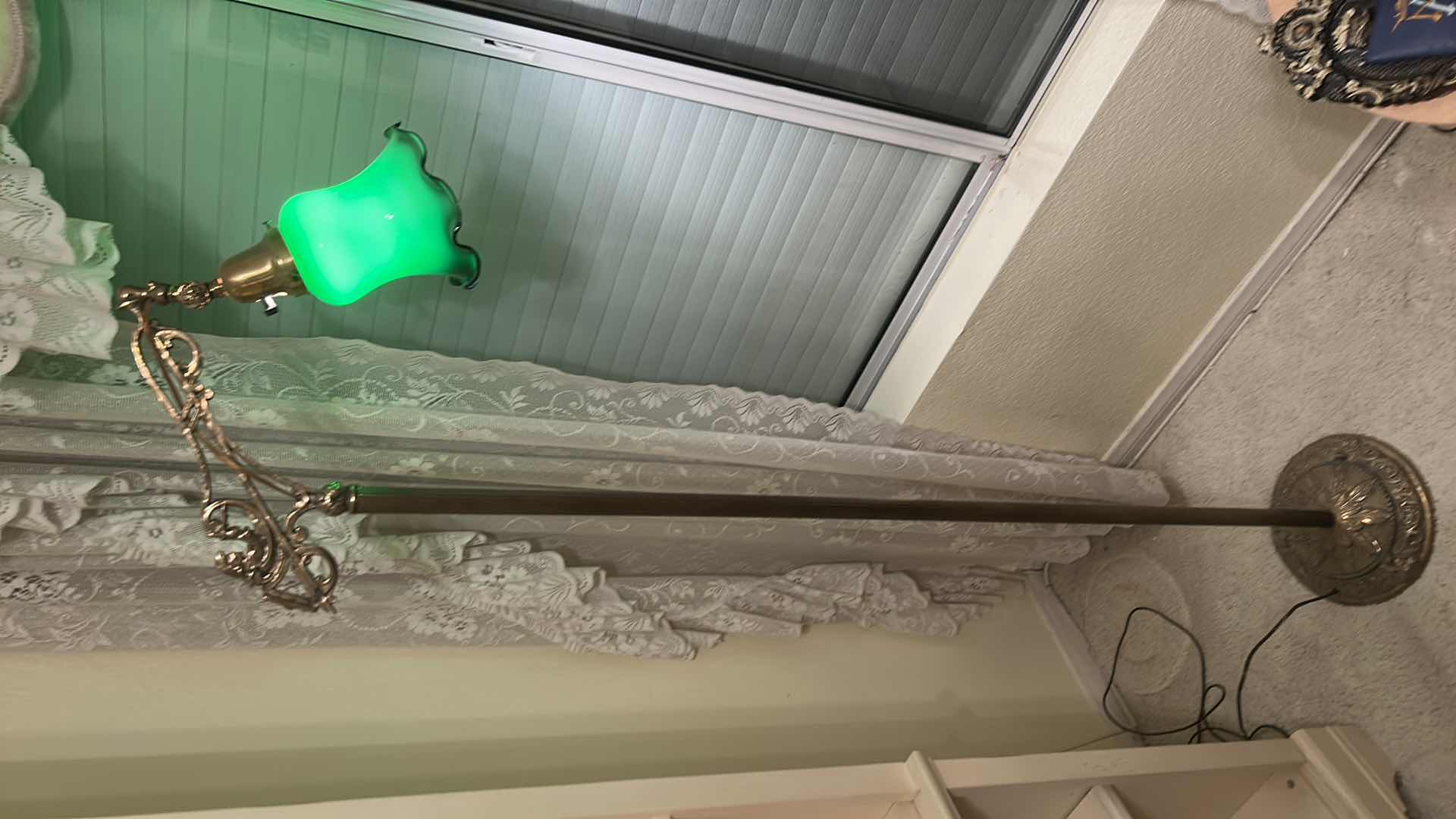 Photo 1 of ANTIQUE HEAVY BRASS LAMP WITH GREEN GLASS SCALLOPED SHADE