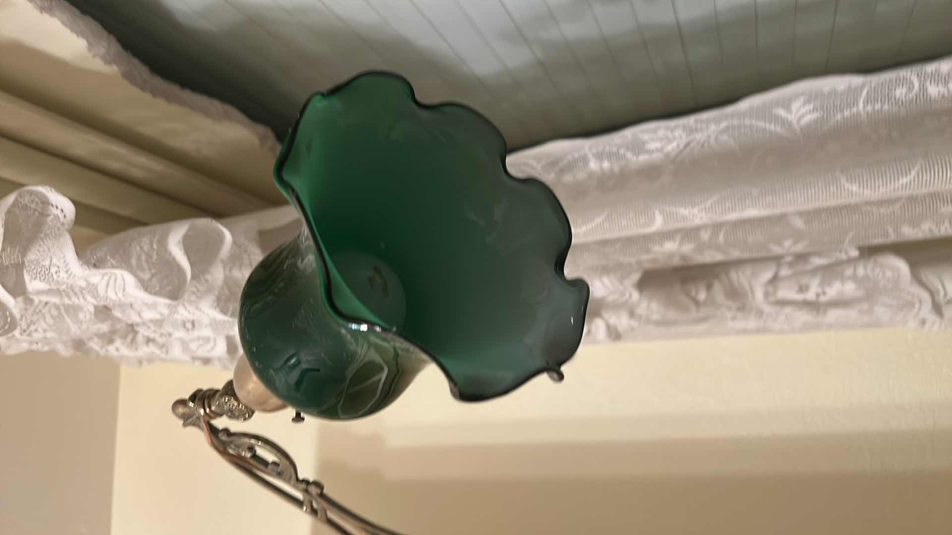 Photo 1 of ANTIQUE HEAVY BRASS LAMP WITH GREEN GLASS SCALLOPED SHADE