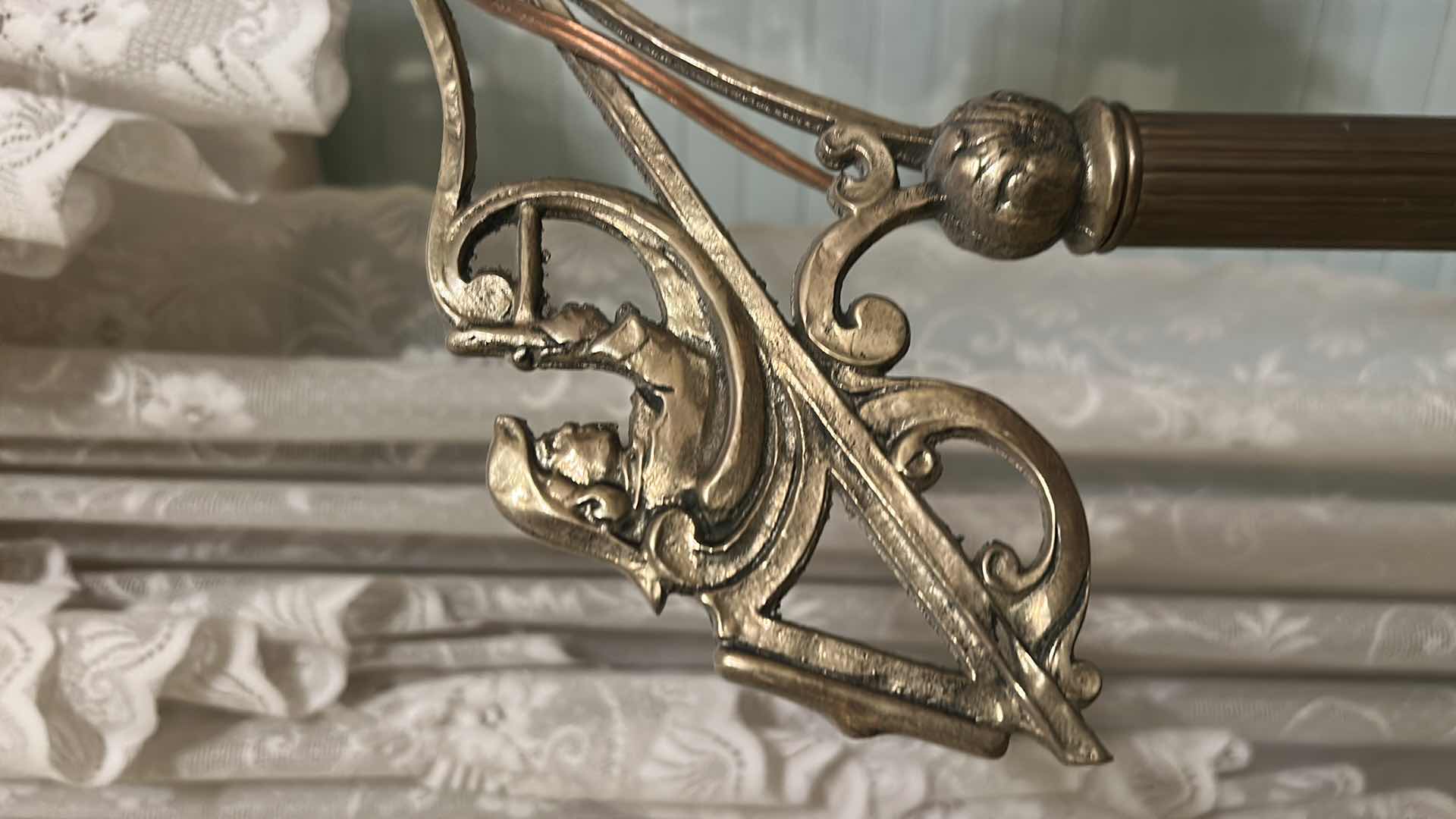 Photo 1 of ANTIQUE HEAVY BRASS LAMP WITH GREEN GLASS SCALLOPED SHADE