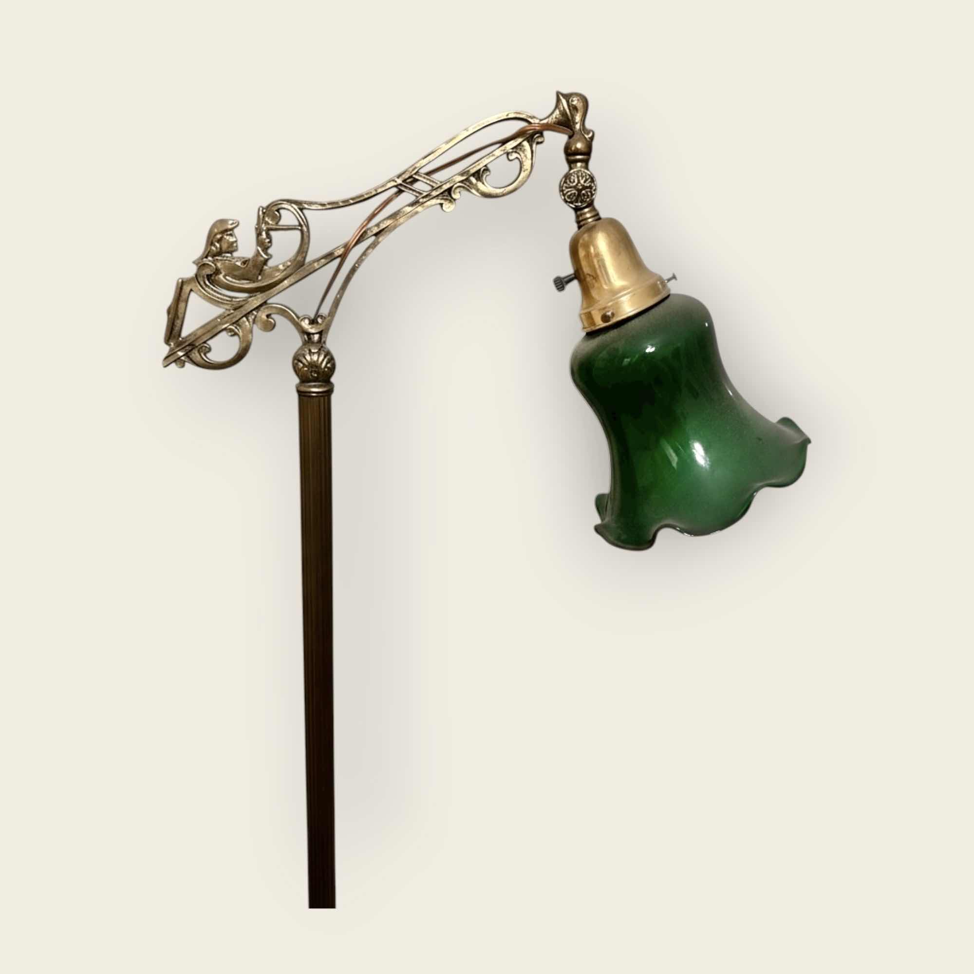 Photo 1 of ANTIQUE HEAVY BRASS LAMP WITH GREEN GLASS SCALLOPED SHADE