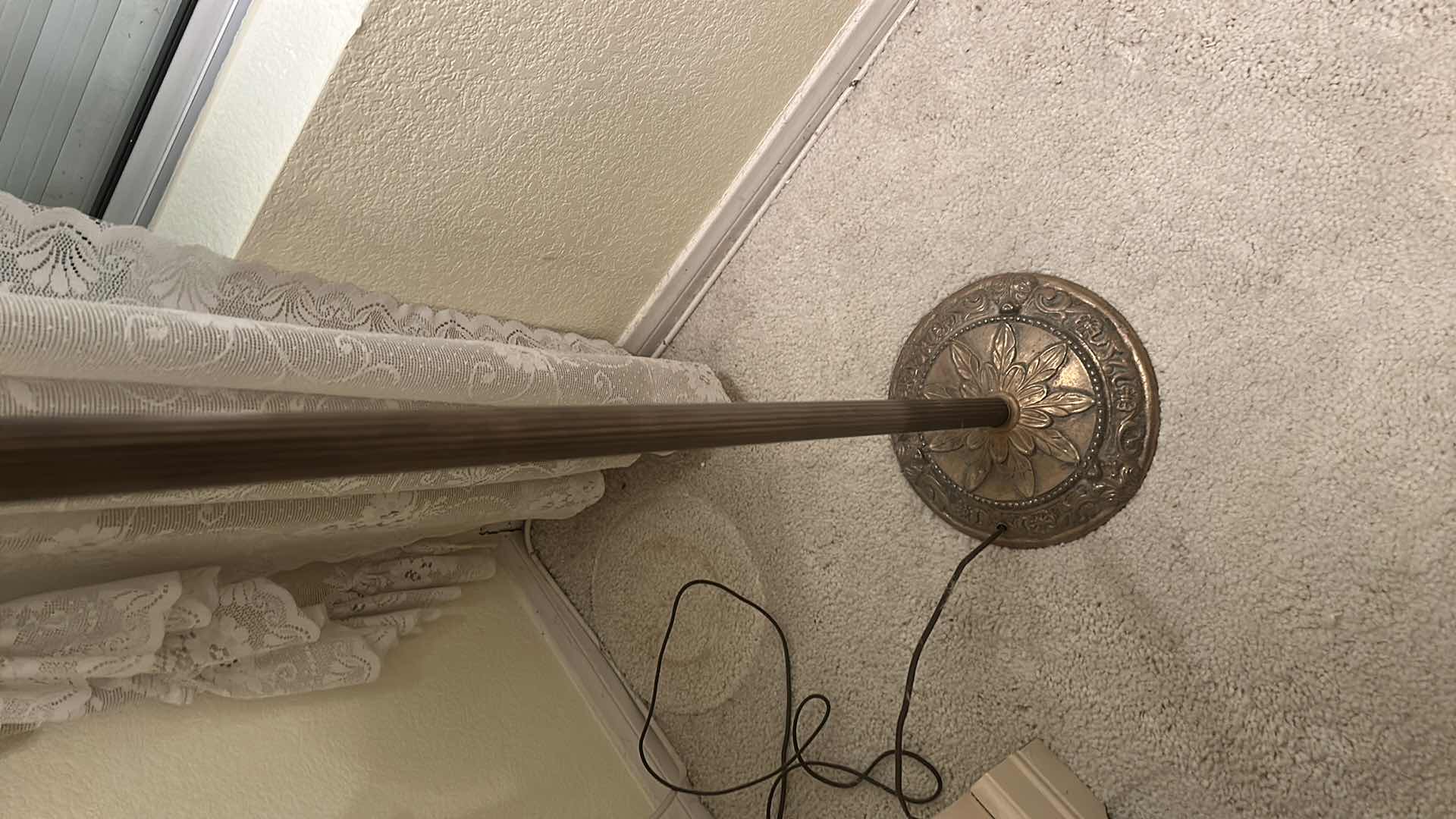 Photo 1 of ANTIQUE HEAVY BRASS LAMP WITH GREEN GLASS SCALLOPED SHADE