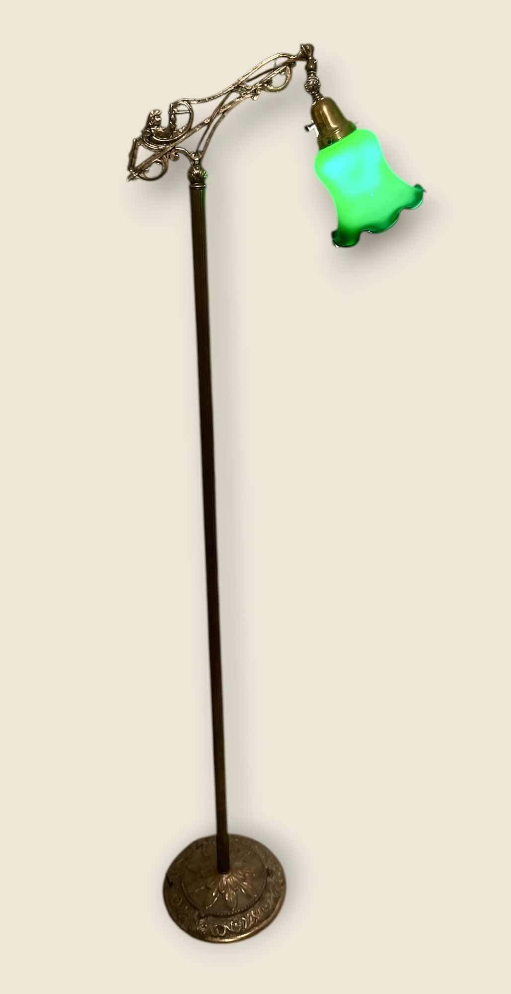 Photo 1 of ANTIQUE HEAVY BRASS LAMP WITH GREEN GLASS SCALLOPED SHADE