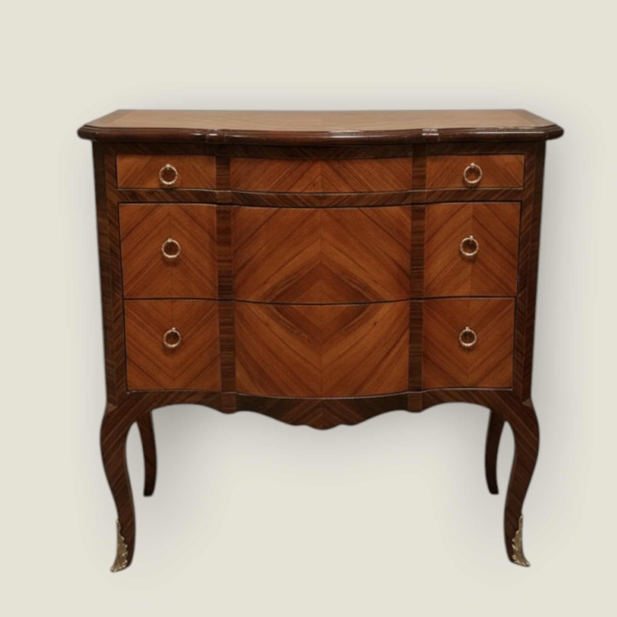 Photo 1 of ANTIQUE LOUIS XV STYLE CHEST OF DRAWERS, SERPENTINE SHAPE AND CABRIOLE LEGS WITH GILDED BRONZE ORNAMENTS A30 1/2“ x 15“ x H31 1/2“