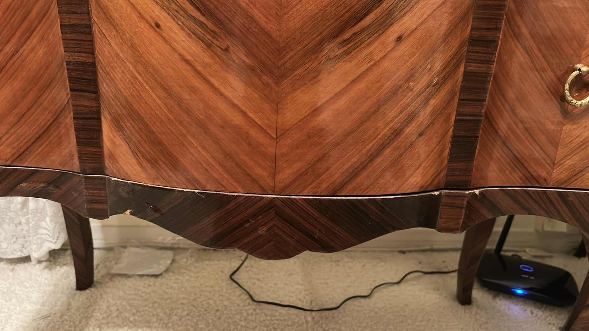 Photo 1 of ANTIQUE LOUIS XV STYLE CHEST OF DRAWERS, SERPENTINE SHAPE AND CABRIOLE LEGS WITH GILDED BRONZE ORNAMENTS A30 1/2“ x 15“ x H31 1/2“