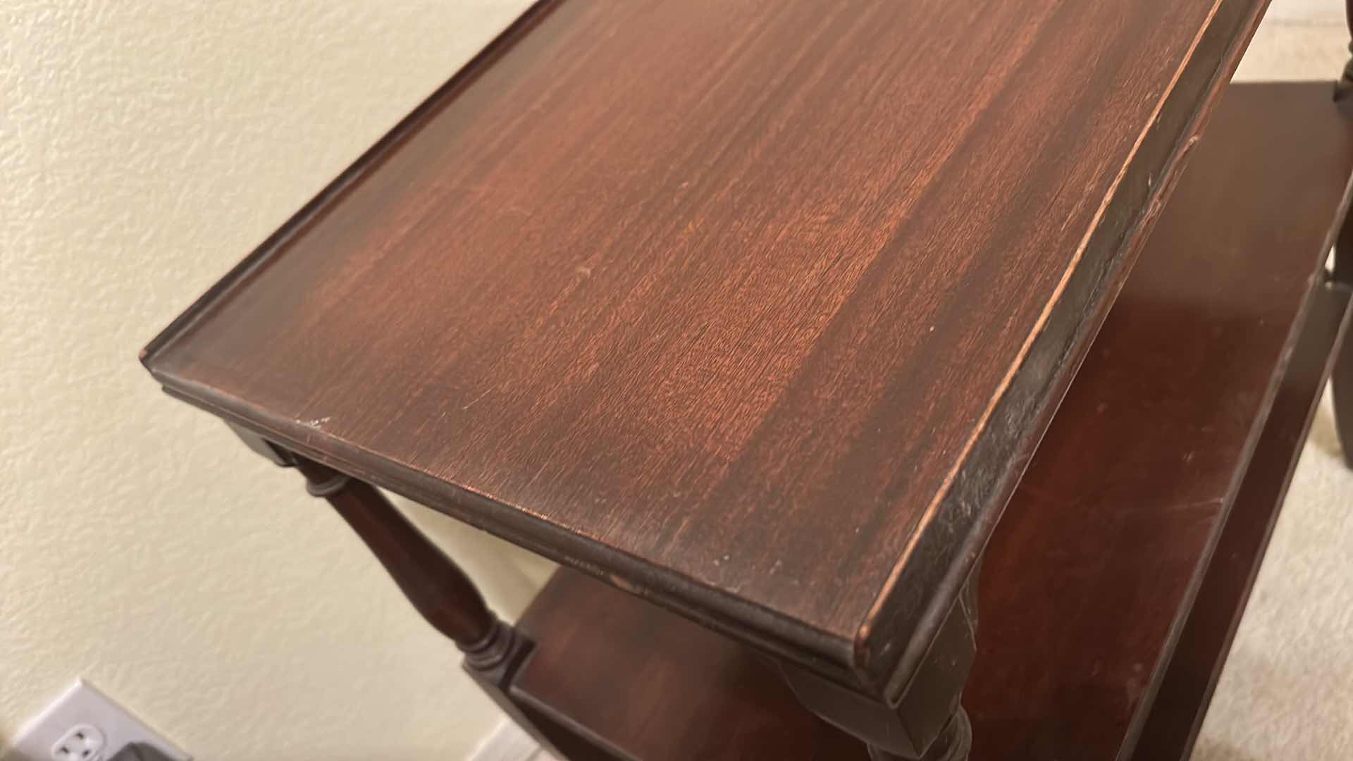 Photo 1 of ANTIQUE CHERRY WOOD SIDE TABLE WITH GLASS TOP 24” x 14” x 25”