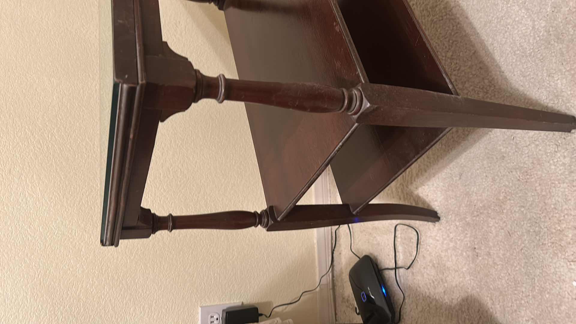 Photo 1 of ANTIQUE CHERRY WOOD SIDE TABLE WITH GLASS TOP 24” x 14” x 25”