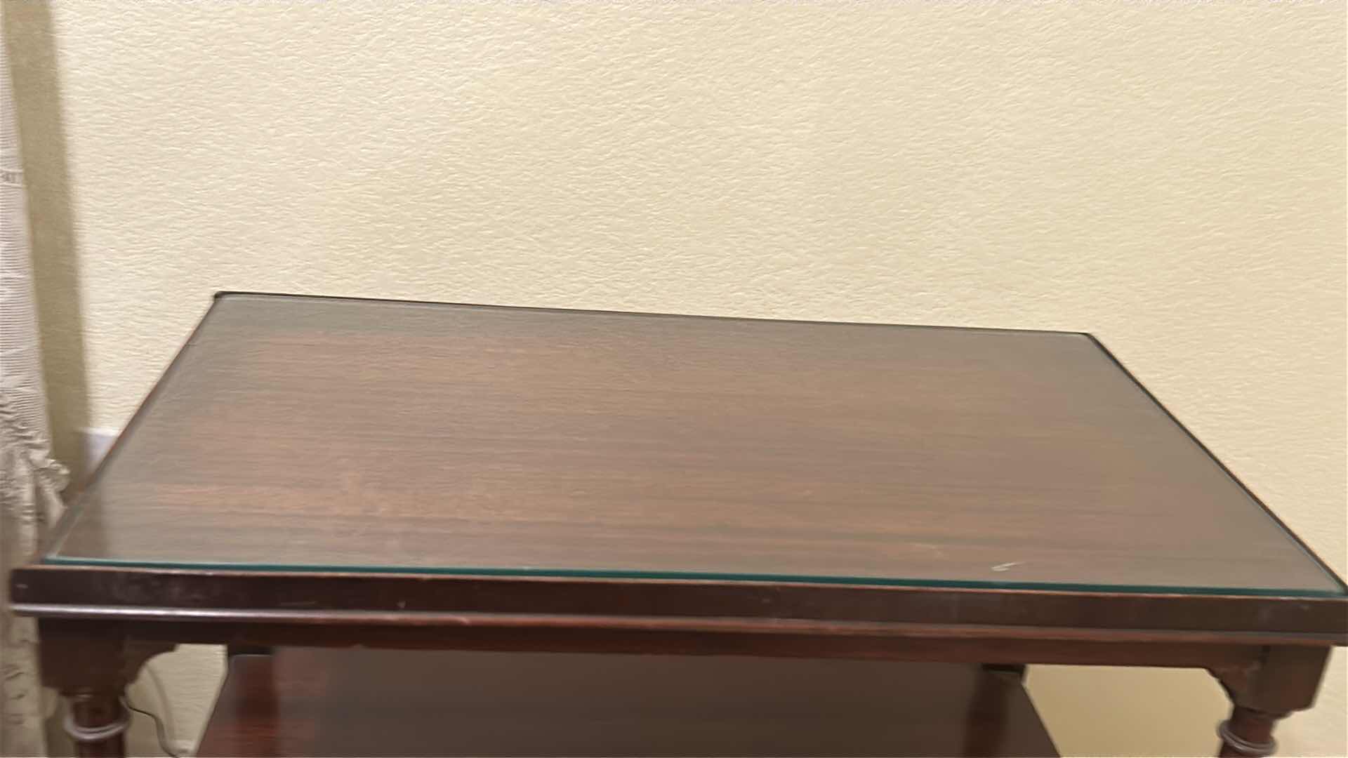 Photo 1 of ANTIQUE CHERRY WOOD SIDE TABLE WITH GLASS TOP 24” x 14” x 25”