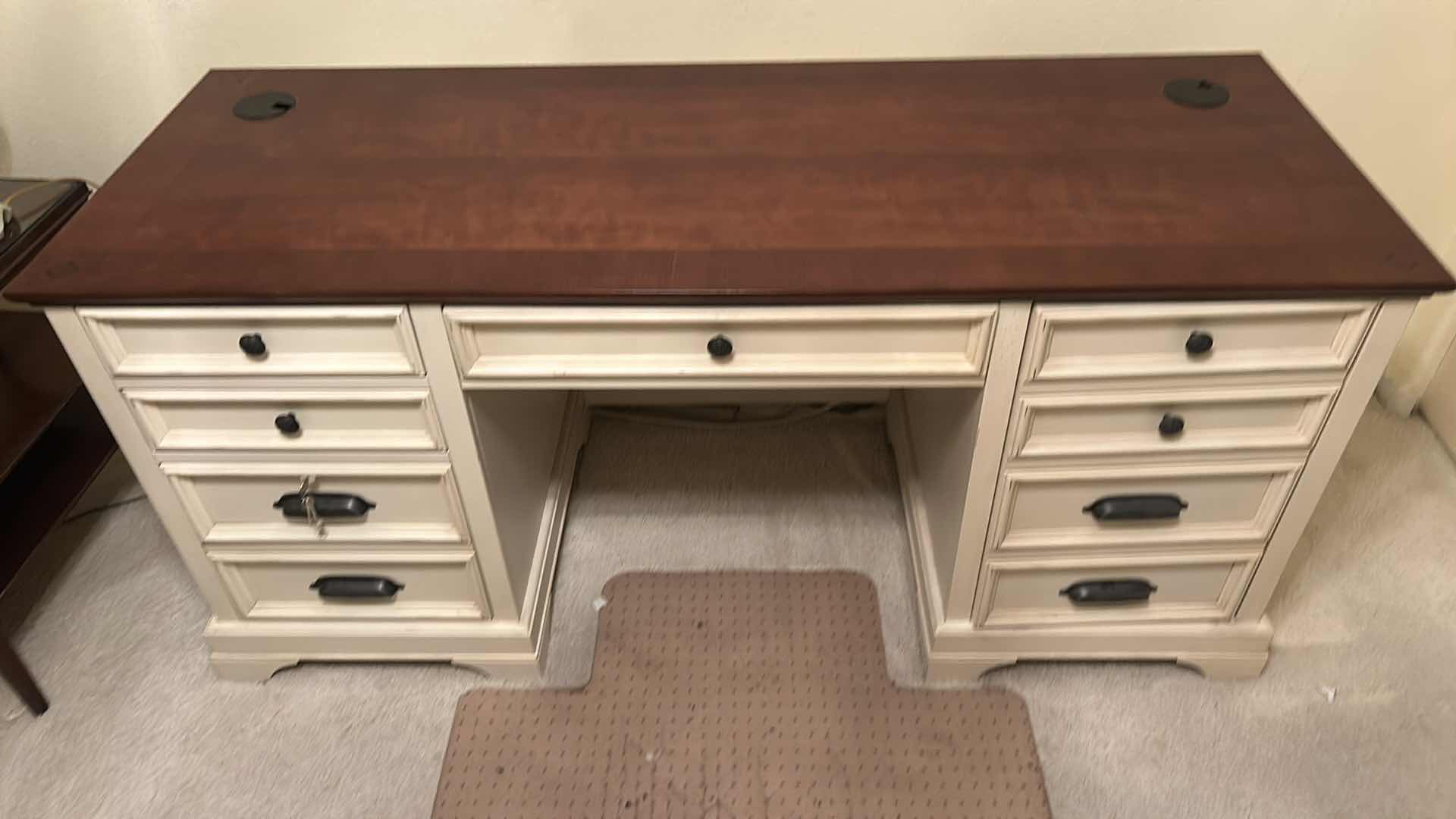 Photo 1 of ASPEN HOME EXECUTIVE DESK - ANTIQUE WHITE DESK WITH DARK WOOD TOP 66“ x 25“ x H30 1/2“