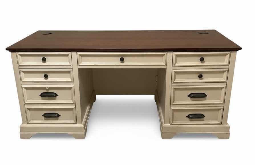Photo 1 of ASPEN HOME EXECUTIVE DESK - ANTIQUE WHITE DESK WITH DARK WOOD TOP 66“ x 25“ x H30 1/2“