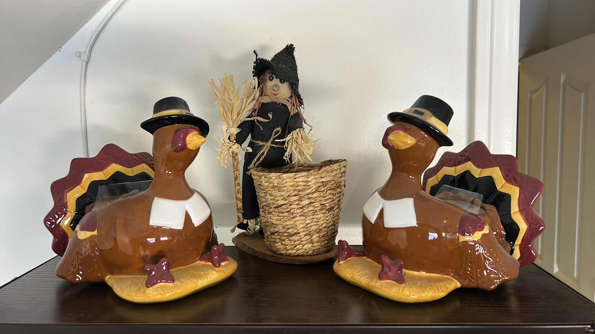 Photo 1 of CERAMIC TURKEY POTS/VASES AND SCARECROW BASKET