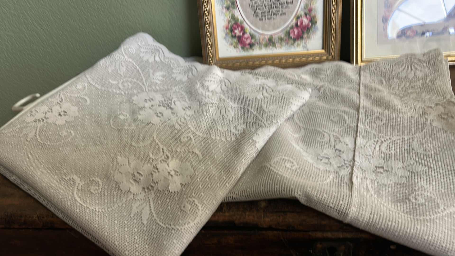 Photo 1 of LACE PANEL, 2 GOLD FRAMED ARTWORK PCS AND HOME DECOR ITEMS