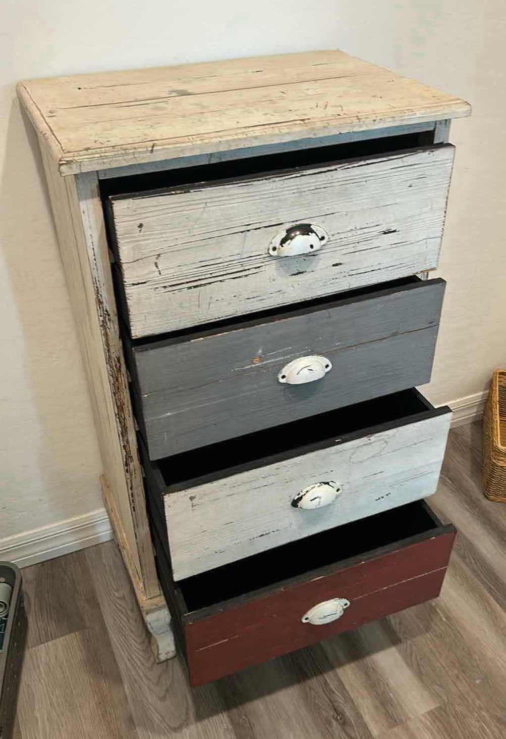 Photo 1 of DISTRESSED MULTI COLOR 4 DRAWER SMALL DRESSER 21" 13" H 37"