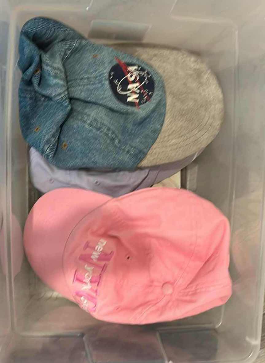 Photo 1 of CONTENTS OF PLASTIC BIN ASSORTED HATS GLOVES BEANIES