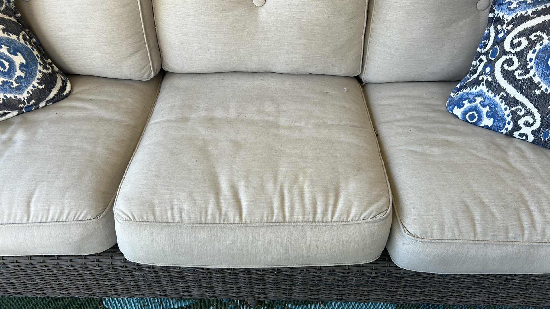 Photo 1 of ALL WEATHER PATIO WICKER SOFA W BEIGE CUSHIONS 76" X 28"