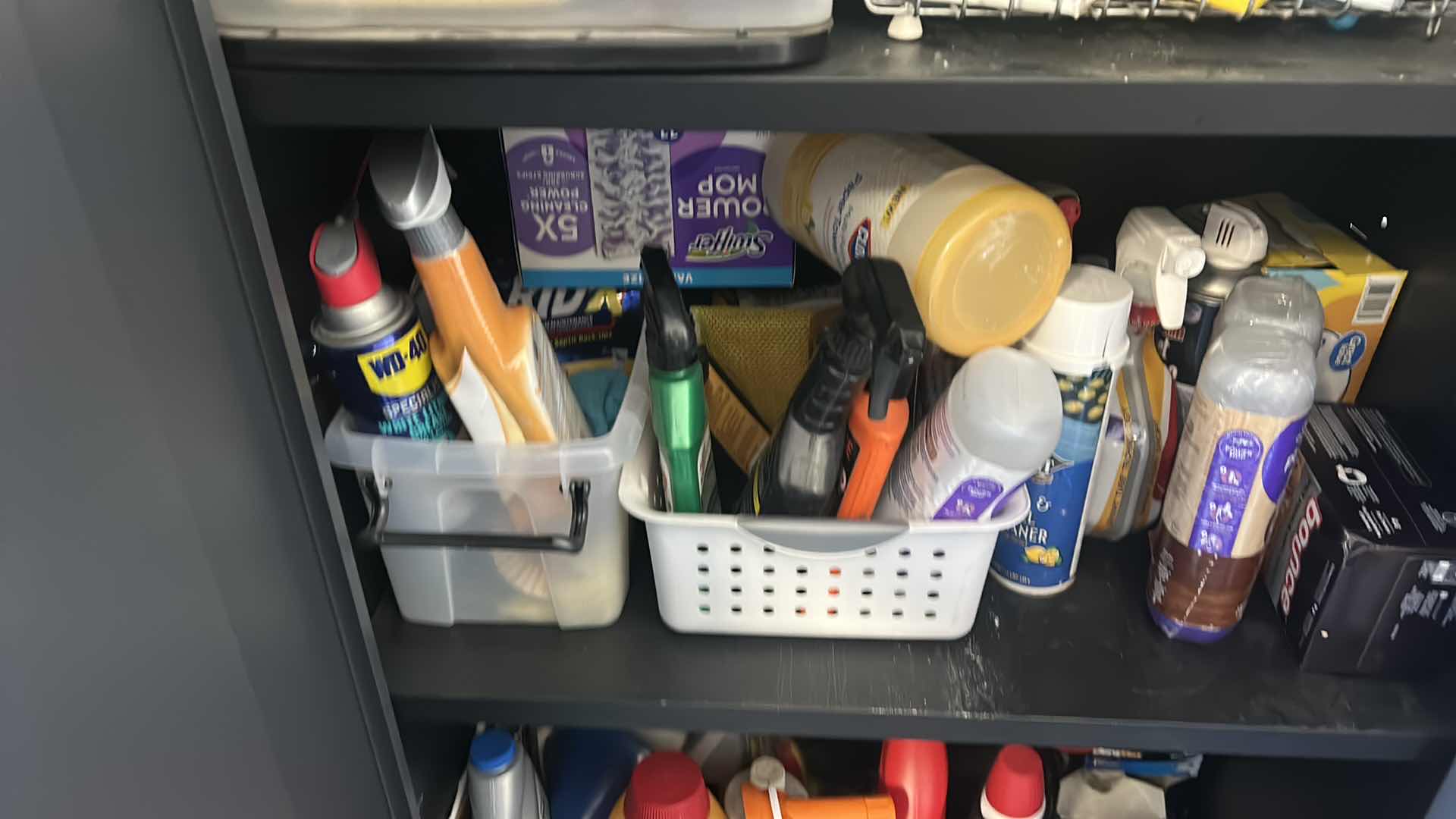 Photo 1 of CLEANING SUPPLIES ON SHELVES IN CABINET