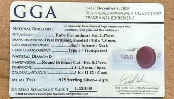 Photo 1 of STERLING SILVER W 2.47 CT NATURAL RUBY AND 0.23 CTW DIAMOND RING GGA CERTIFIED (EST RING SIZE 6-7) - RN040649