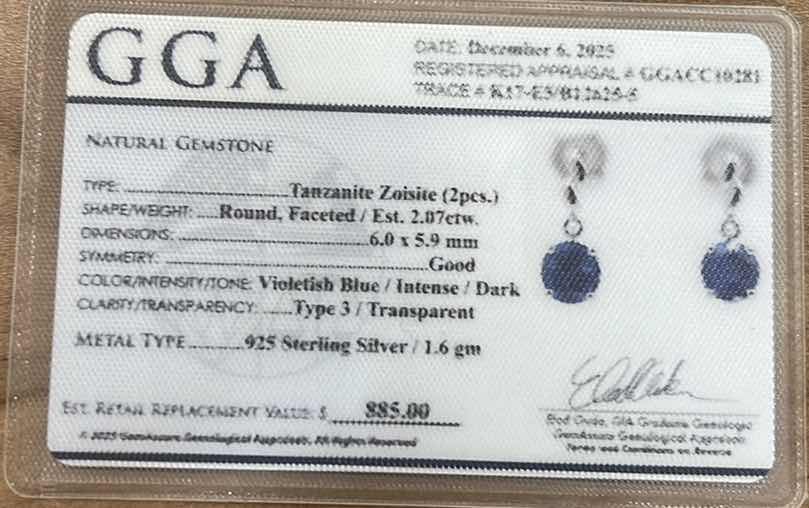 Photo 1 of STERLING SILVER W NATURAL TANZANITE (2 PCS) 2.07 CTW ROUND FACETED EARRINGS GGA CERTIFIED - ER008583