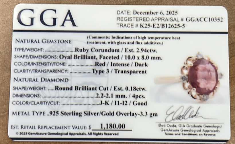 Photo 1 of STERLING SILVER W GOLD OVERLAY W NATURAL RUBY CORUNDUM APPROX 2.94 CTW OVAL BRILLIANT FACETED AND NATURAL DIAMOND 0.18 CTW RING GGA CERTIFIED EST RING SIZE 6-7) -RN040646