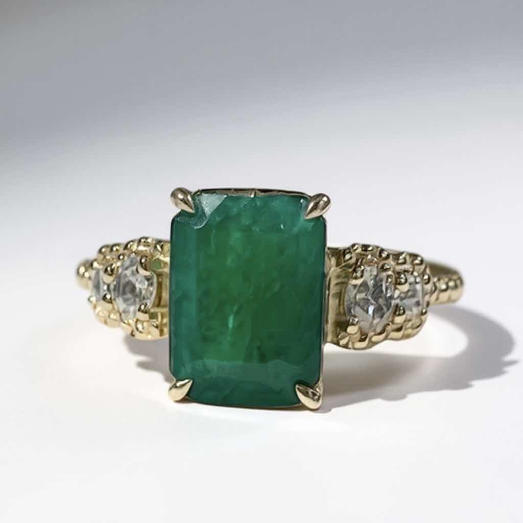 Photo 1 of 925 STERLING SILVER W 18K GOLD OVERLAY EMERALD & DIAMOND RING
EMERALD APPROX 3.95 CTW AND DIAMONDS APPROX 0.32 CTW
GGA CERTIFIED, EST SIZE 7.5 -RN040653