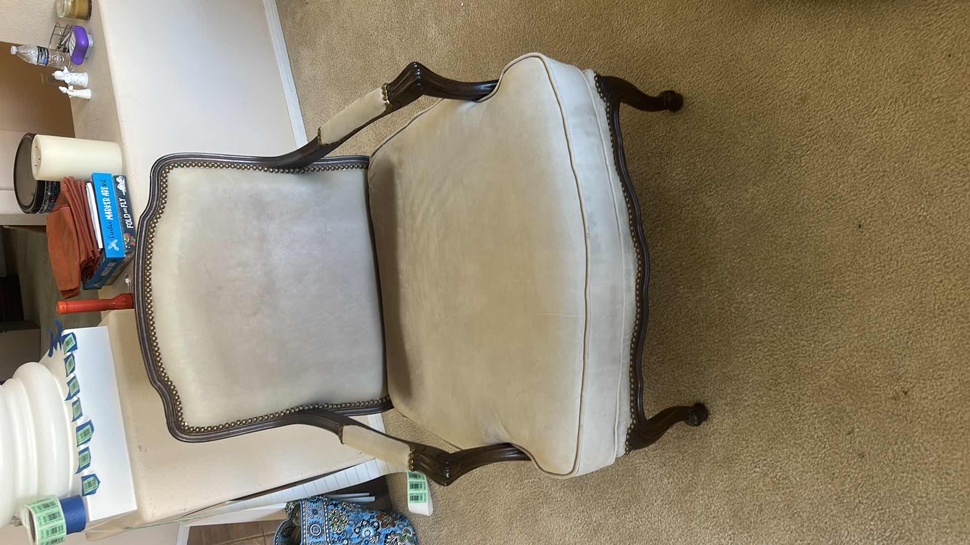 Photo 1 of LOUIS XV-STYLE BERGÈRE CHAIR WITH DARK WOOD FRAME AND LIGHT-COLORED LEATHER OR SUEDE UPHOLSTERY. 31“ x 29“ x H35“