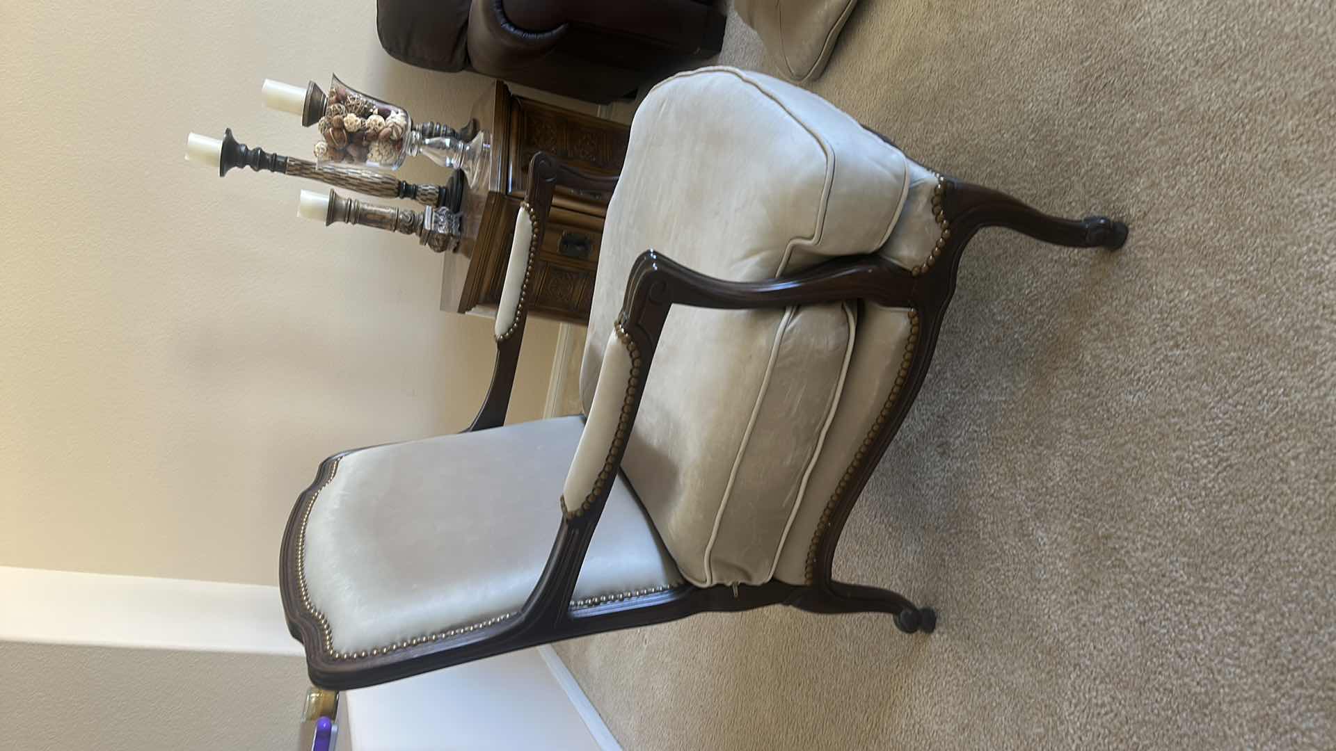 Photo 1 of LOUIS XV-STYLE BERGÈRE CHAIR WITH DARK WOOD FRAME AND LIGHT-COLORED LEATHER OR SUEDE UPHOLSTERY. 31“ x 29“ x H35“