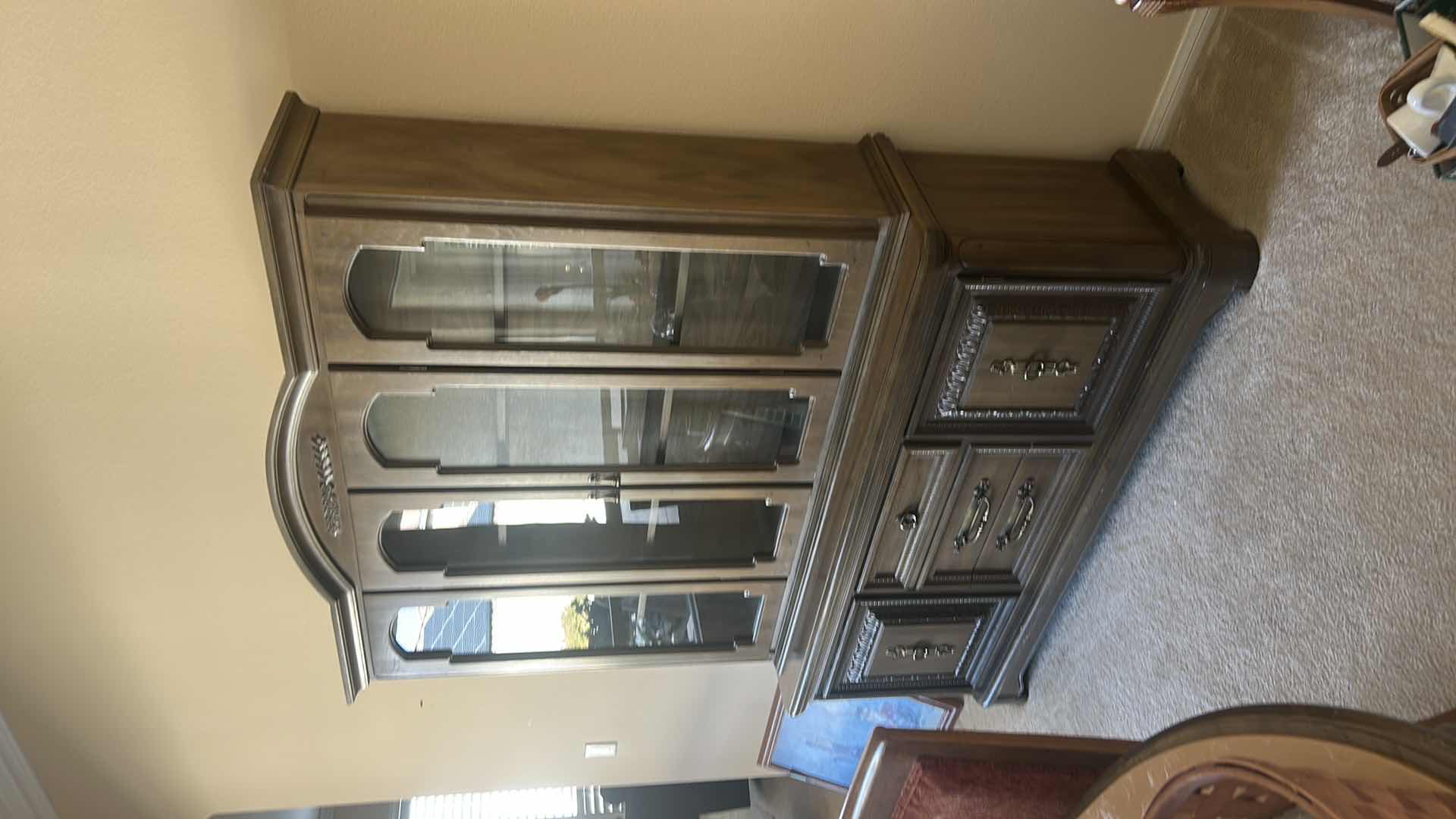 Photo 1 of 2 PC VINTAGE TRADITIONAL WOOD CHINA CABINET OR HUTCH WITH GLASS DOORS AND TONGUE AND GROOVE DRAWERS. 62 1/2“ x 18“ x H6‘