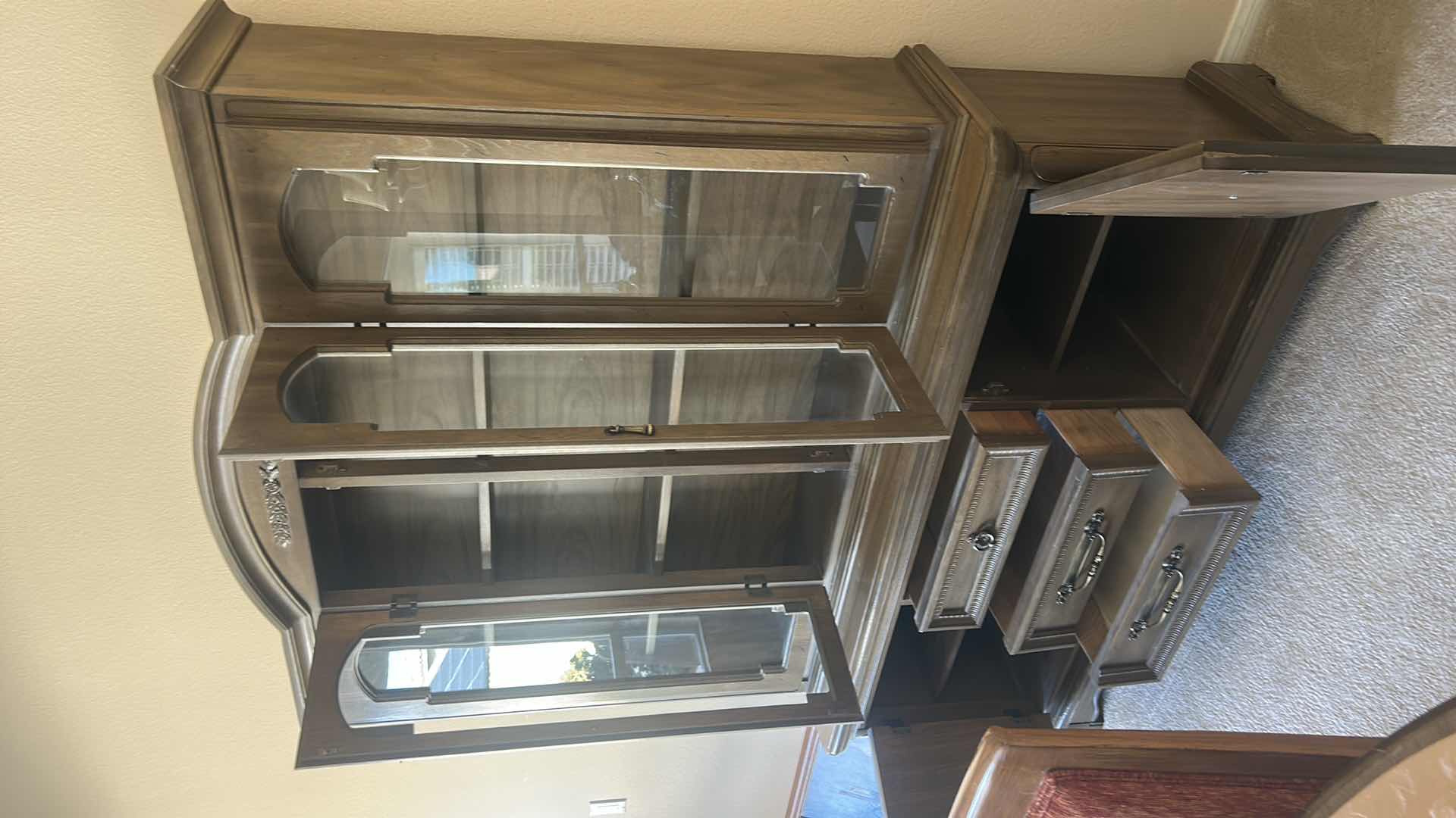 Photo 1 of 2 PC VINTAGE TRADITIONAL WOOD CHINA CABINET OR HUTCH WITH GLASS DOORS AND TONGUE AND GROOVE DRAWERS. 62 1/2“ x 18“ x H6‘