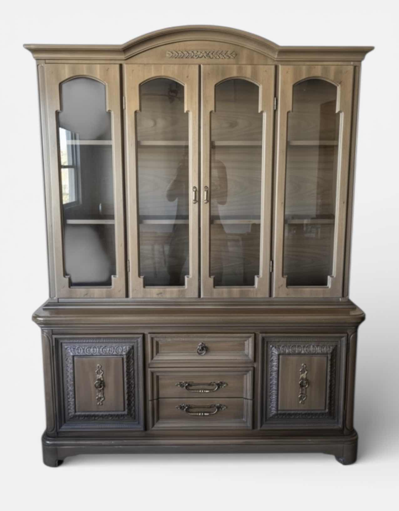 Photo 1 of 2 PC VINTAGE TRADITIONAL WOOD CHINA CABINET OR HUTCH WITH GLASS DOORS AND TONGUE AND GROOVE DRAWERS. 62 1/2“ x 18“ x H6‘
