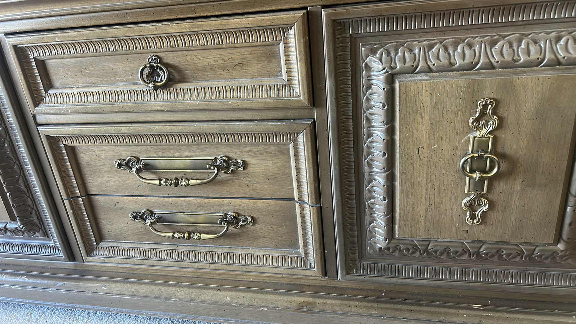 Photo 1 of 2 PC VINTAGE TRADITIONAL WOOD CHINA CABINET OR HUTCH WITH GLASS DOORS AND TONGUE AND GROOVE DRAWERS. 62 1/2“ x 18“ x H6‘