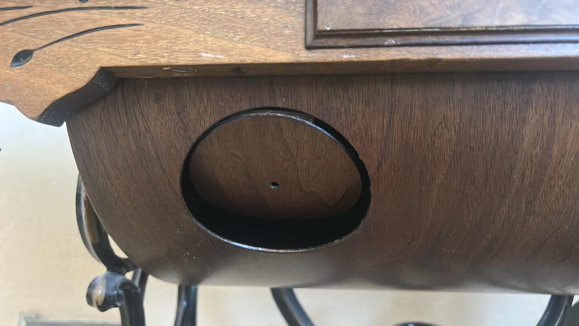 Photo 1 of ANTIQUE HELVETIA TREADLE SEWING MACHINE AND CABINET, ORNATE CAST IRON AND GOLD DETAILING PLUS PARTS. INCLUDES CAST IRON TREADLE BASE, SEWING MACHINE HEAD, WOOD TABLE TOP, DRAWERS, AND LOOSE WOOD COMPONENTS.
36 1/2“ x 18 1/2“ x H32“