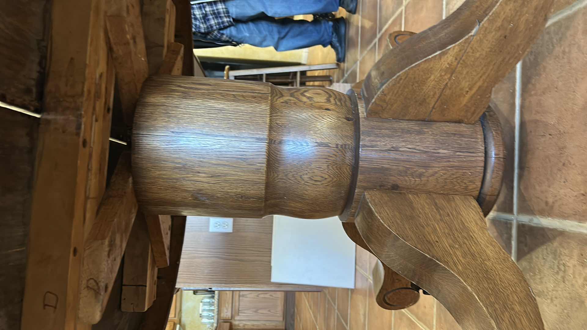 Photo 1 of ANTIQUE OAK ROUND PEDESTAL DINING TABLE ON CASTERS. 43 1/2“ x H30 1/2“ PLUS 3 9.5” LEAFS