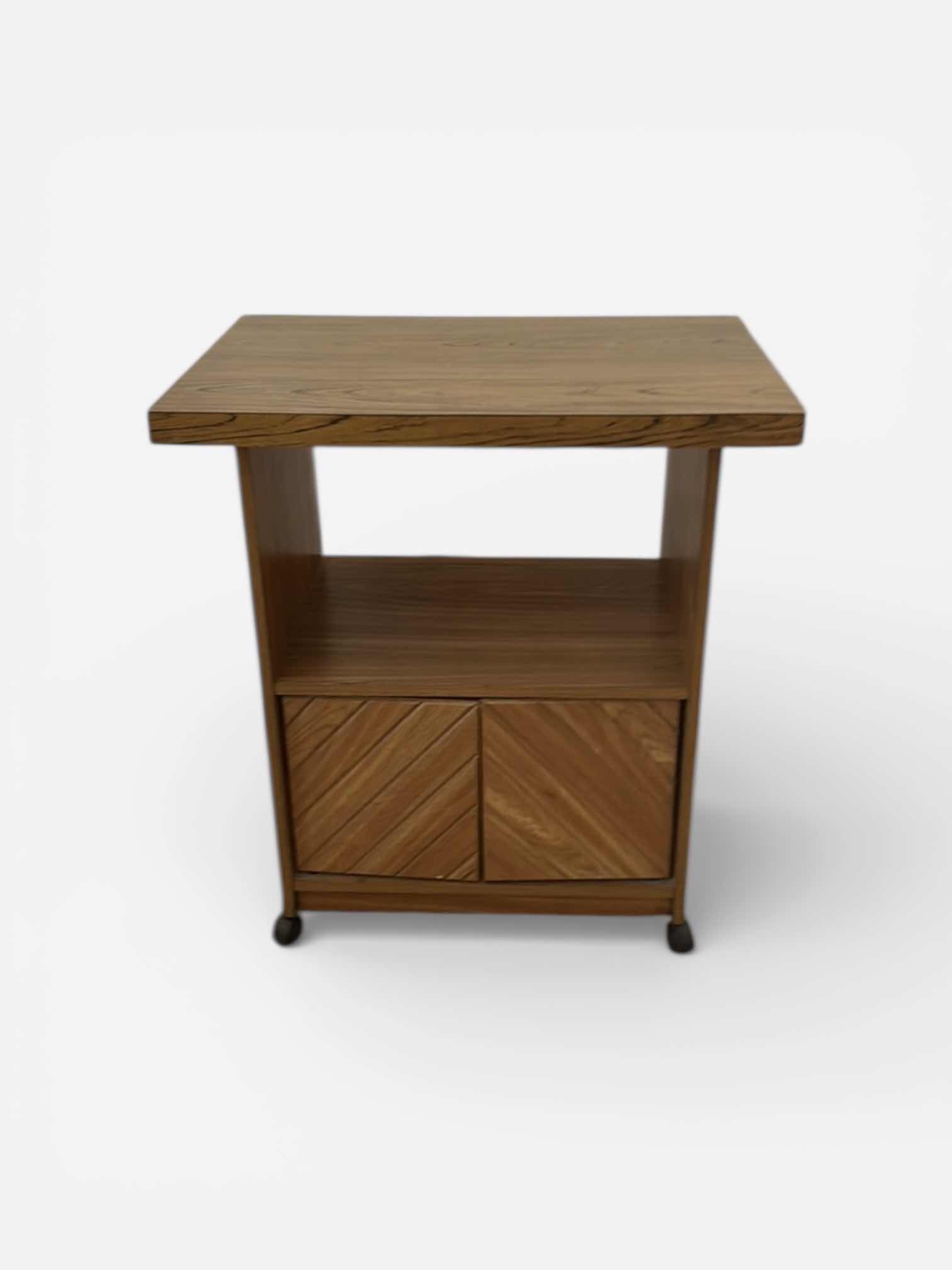 Photo 1 of MID-CENTURY MODERN-STYLE WOOD SIDE TABLE WITH A CABINET AND CASTERS. 27“ x 17“ x H30 1/2“