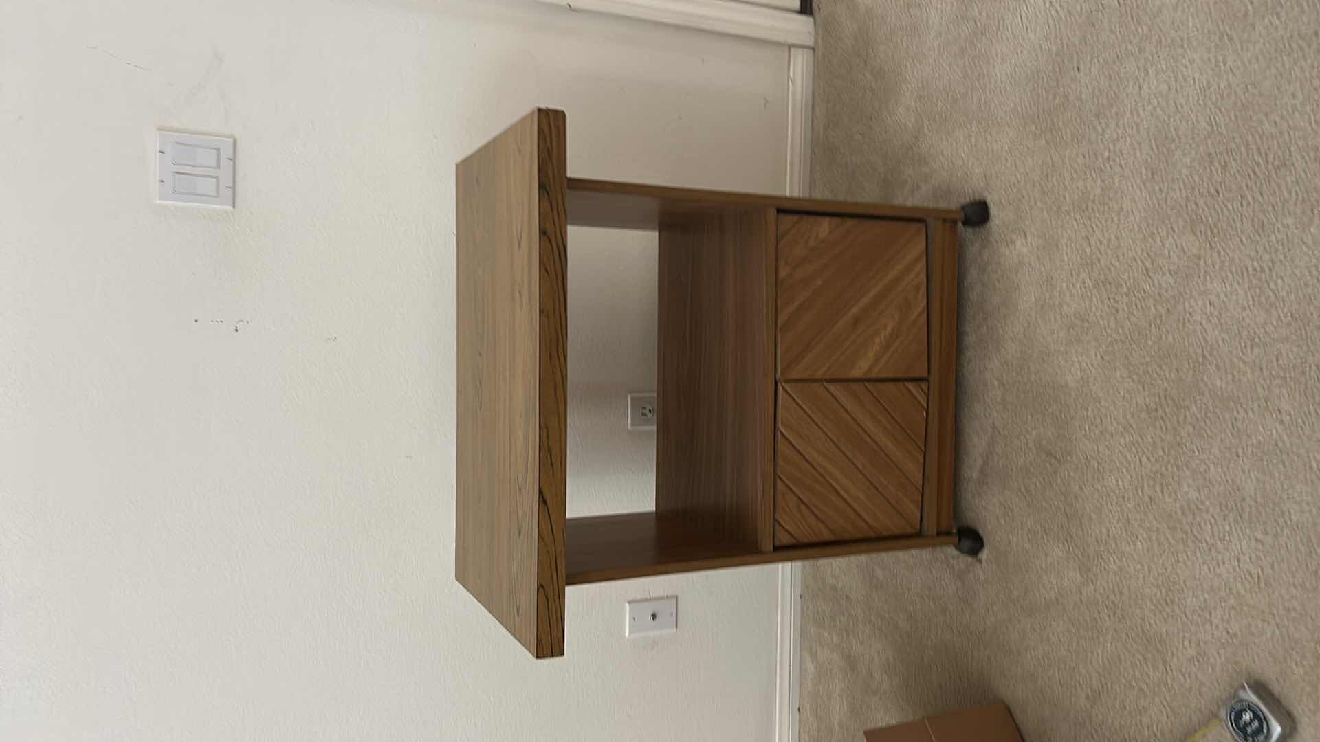 Photo 1 of MID-CENTURY MODERN-STYLE WOOD SIDE TABLE WITH A CABINET AND CASTERS. 27“ x 17“ x H30 1/2“
