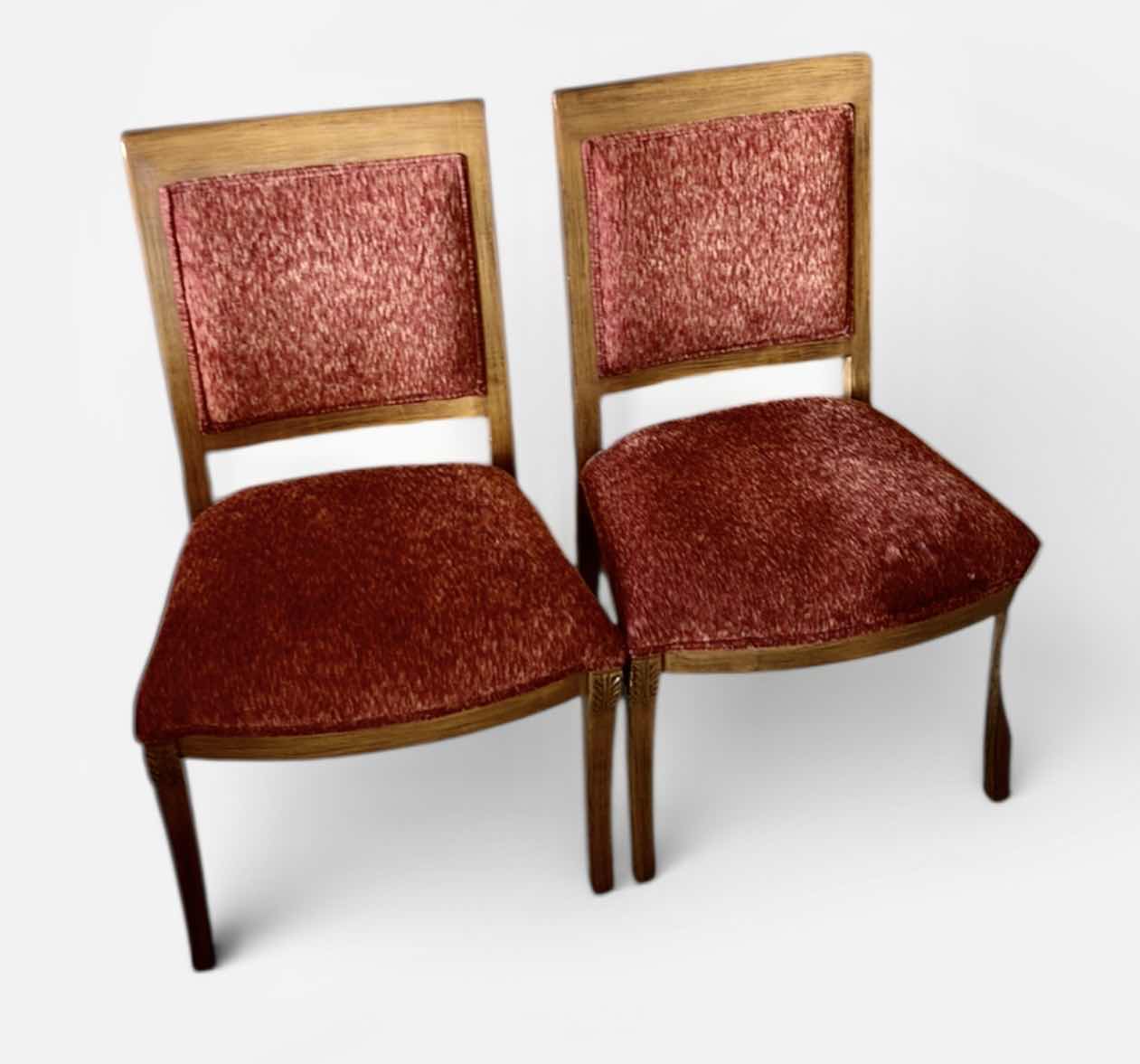 Photo 1 of SET OF TWO WOODEN SIDE CHAIRS WITH UPHOLSTERED SEATS AND BACKS. WOOD FRAMES WITH RED FABRIC CUSHIONS. SUITABLE FOR DINING OR ACCENT SEATING.