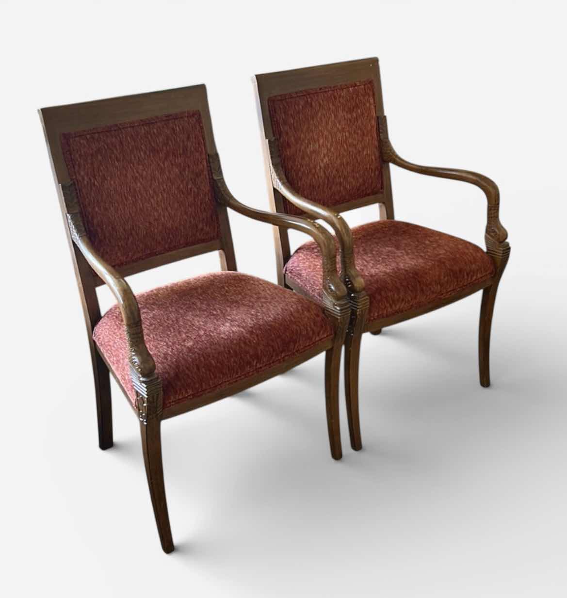 Photo 1 of SET OF TWO WOODEN ARMCHAIRS WITH UPHOLSTERED SEATS AND BACKS. FEATURES CURVED WOOD ARMS AND LEGS WITH RED FABRIC CUSHIONS. CLASSIC SIDE OR DINING CHAIRS.