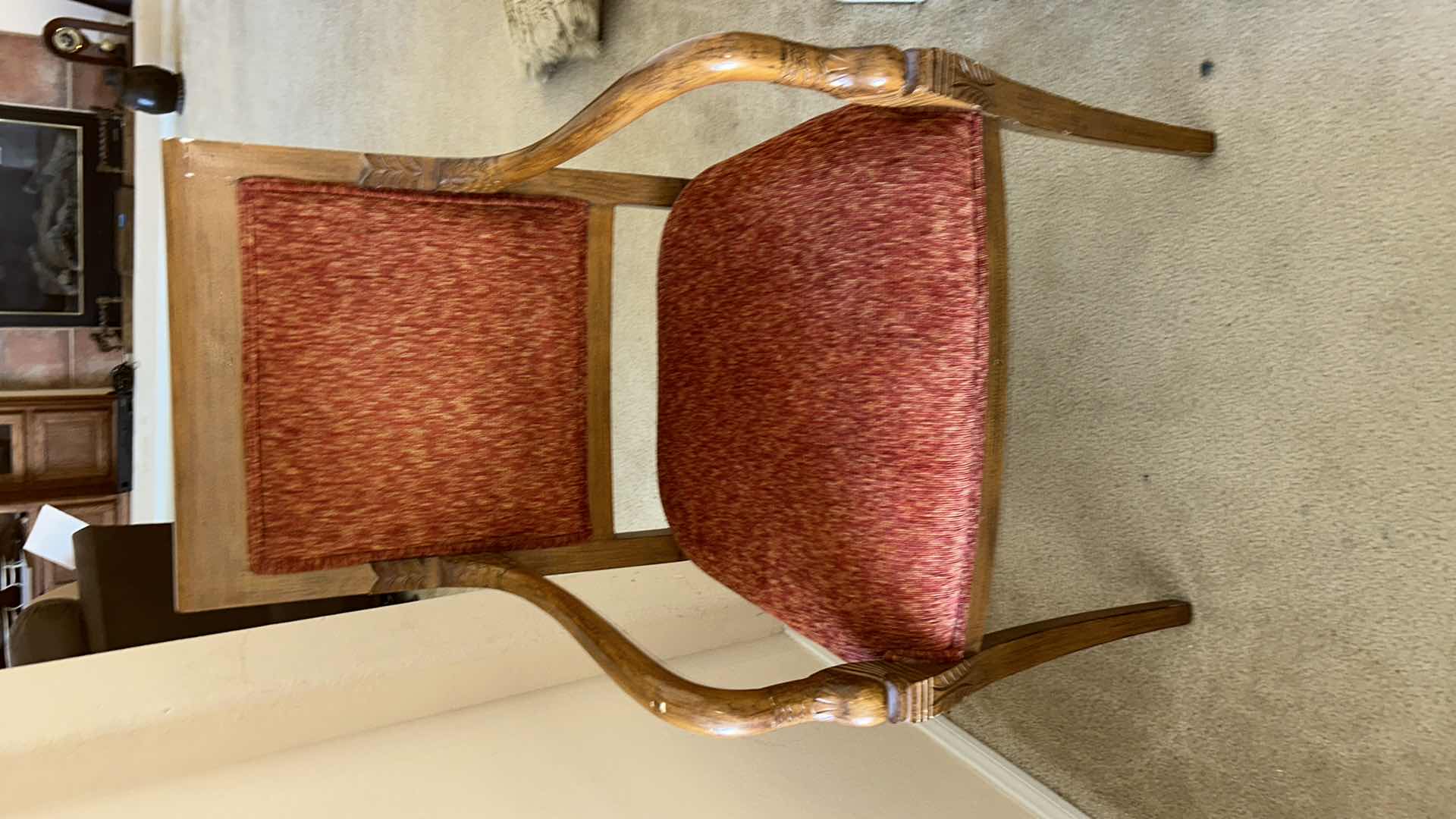 Photo 1 of SET OF TWO WOODEN ARMCHAIRS WITH UPHOLSTERED SEATS AND BACKS. FEATURES CURVED WOOD ARMS AND LEGS WITH RED FABRIC CUSHIONS. CLASSIC SIDE OR DINING CHAIRS.