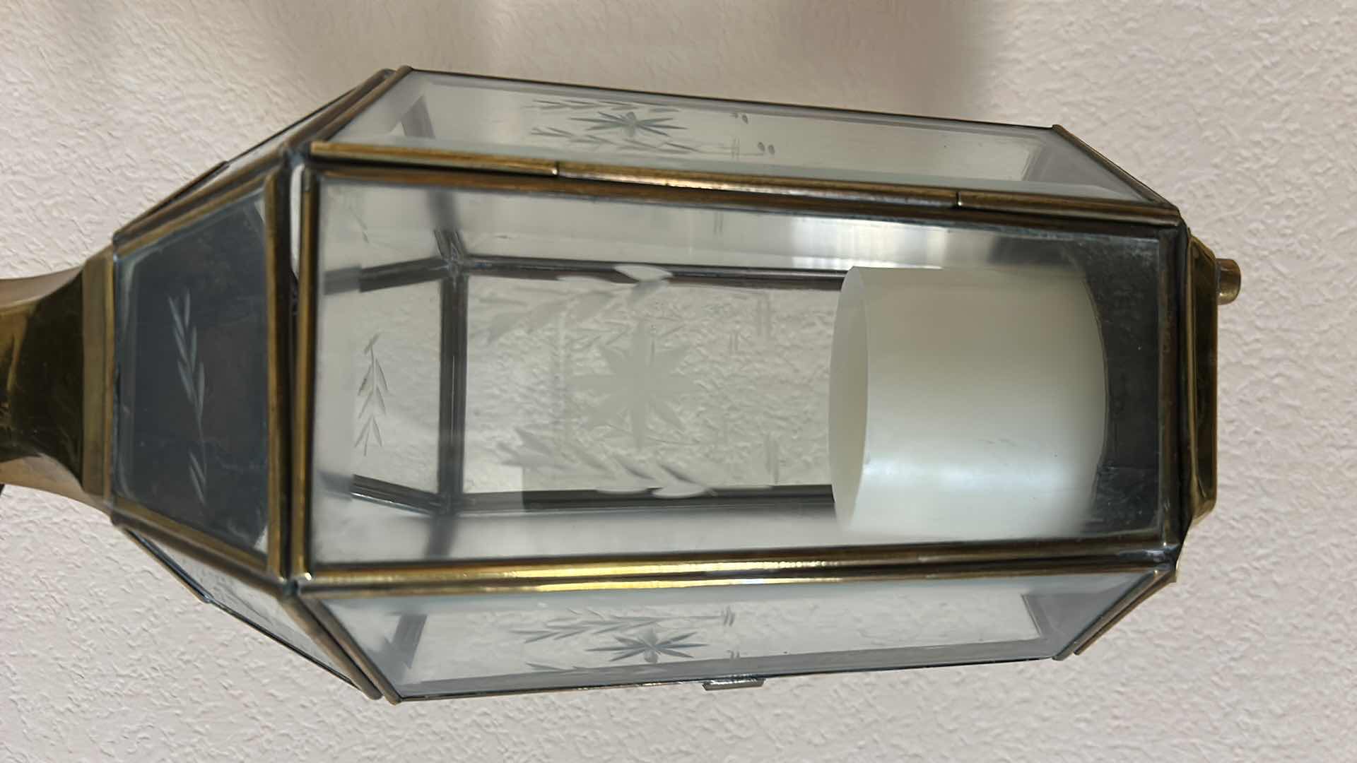 Photo 1 of 2 VINTAGE STYLE WALL-MOUNTED BRASS AND GLASS LANTERN. FEATURES ETCHED GLASS PANELS. (H20” FROM WALL HOOK TO BOTTOM)