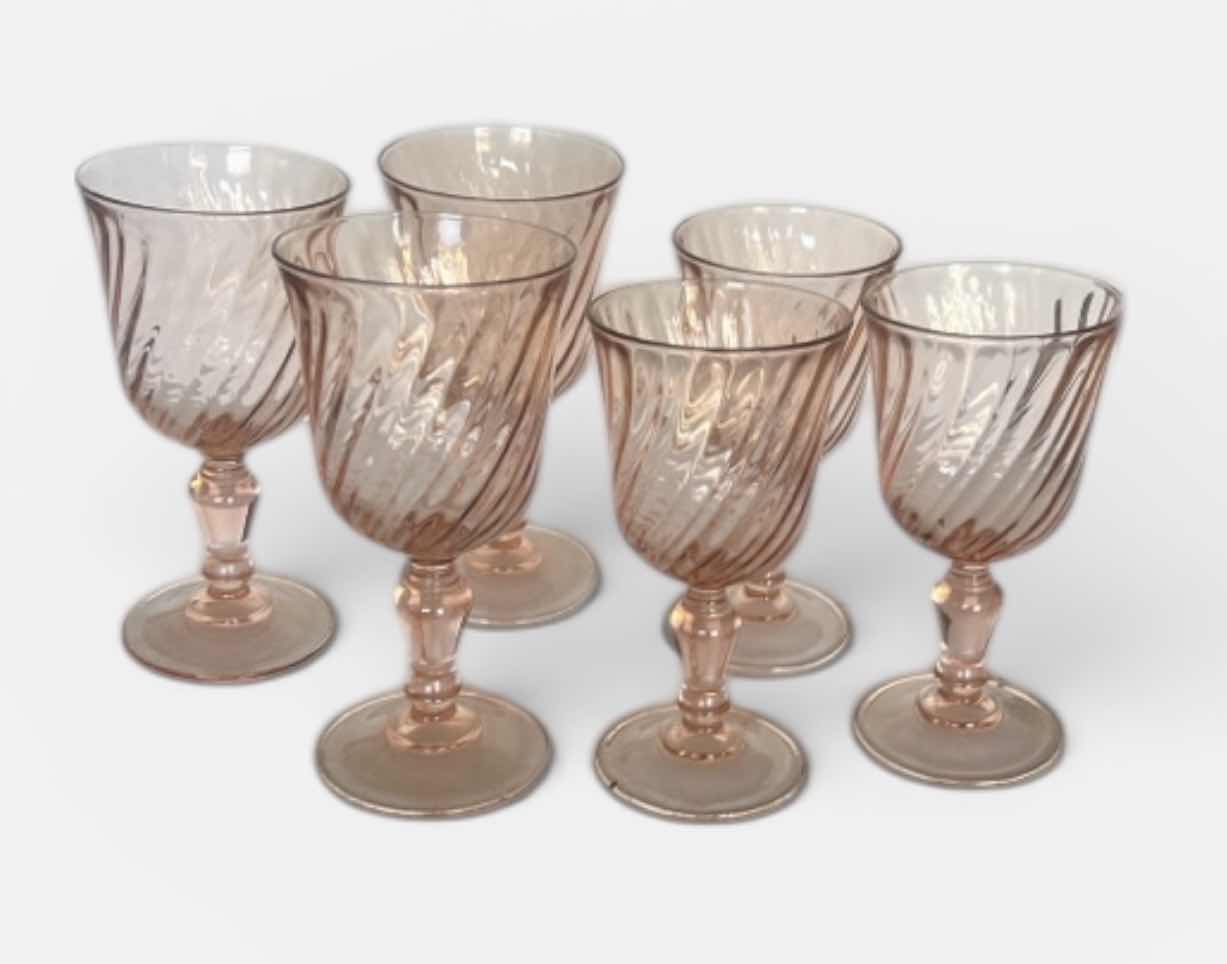 Photo 1 of 6 VINTAGE ARCOROC LUMINARC ROSALINE PINK SWIRL OPTIC GLASS WATER/WINE GOBLETS.